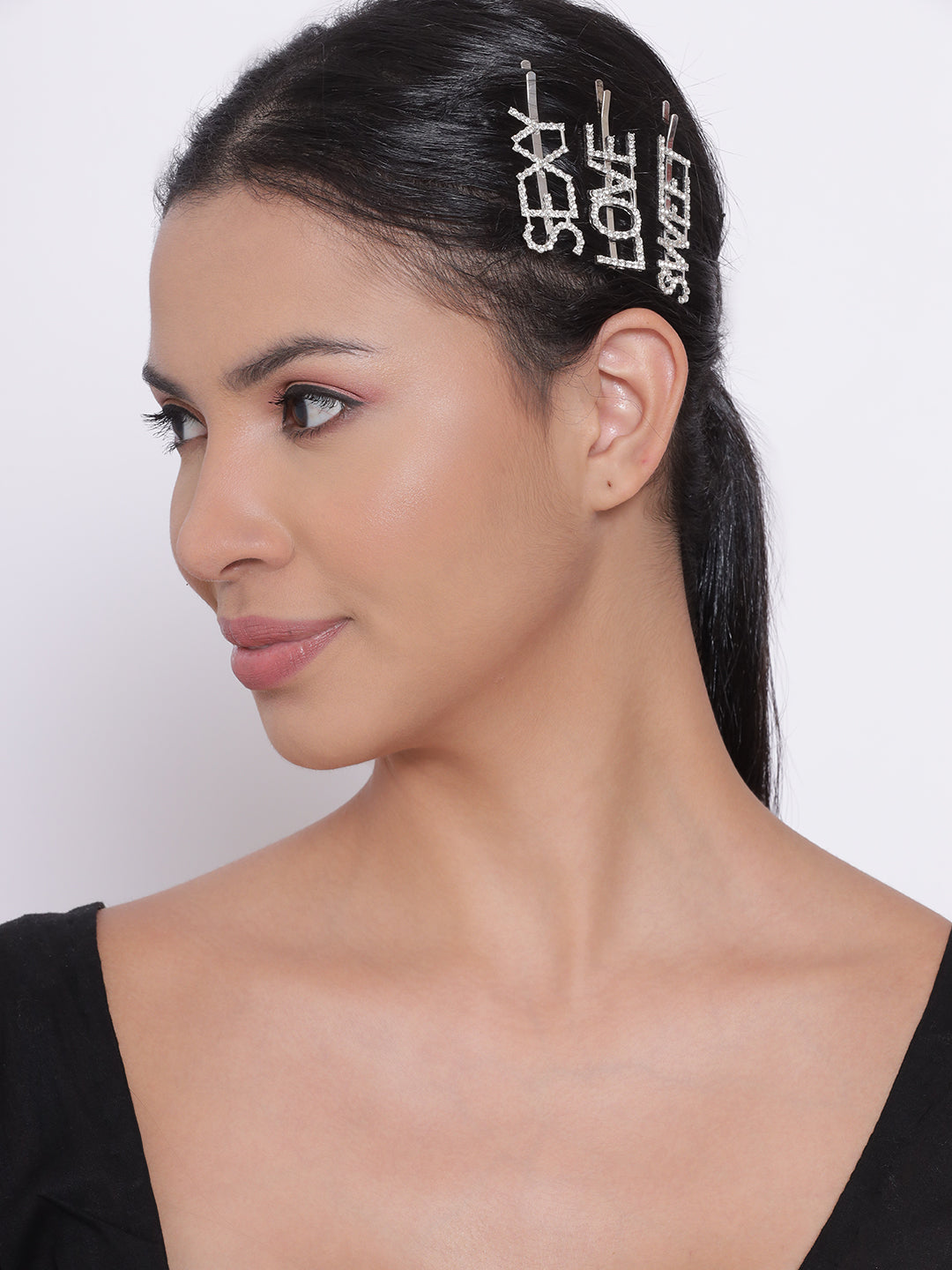 Set Of 3 Silver-Plated American Diamond Studded Letter Party Barrette Hair Clip - Jazzandsizzle