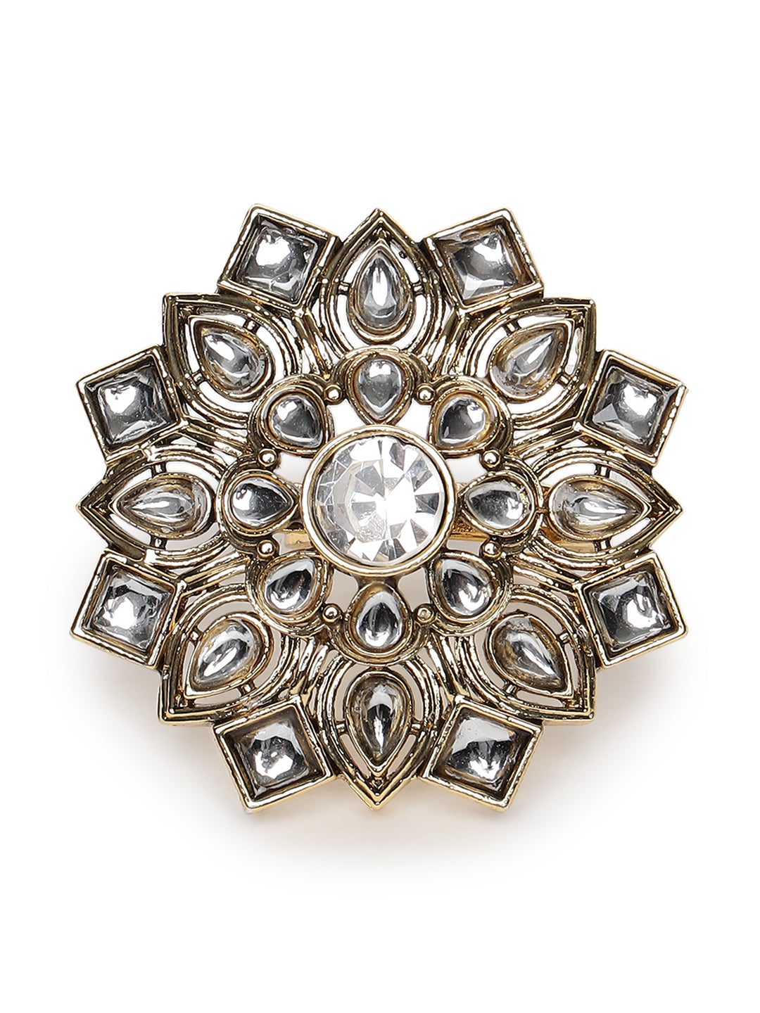 Gold-Plated White Kundan-Studded Adjustable Traditional Finger Ring - Jazzandsizzle