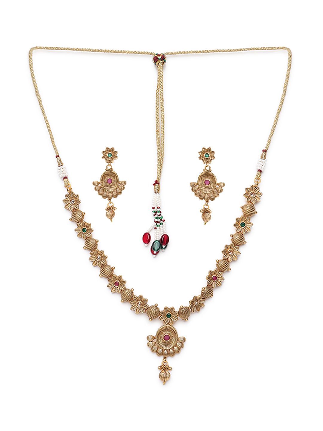 Red & Green Gold-Plated Stone-Studded Handcrafted Jewellery Set - Jazzandsizzle