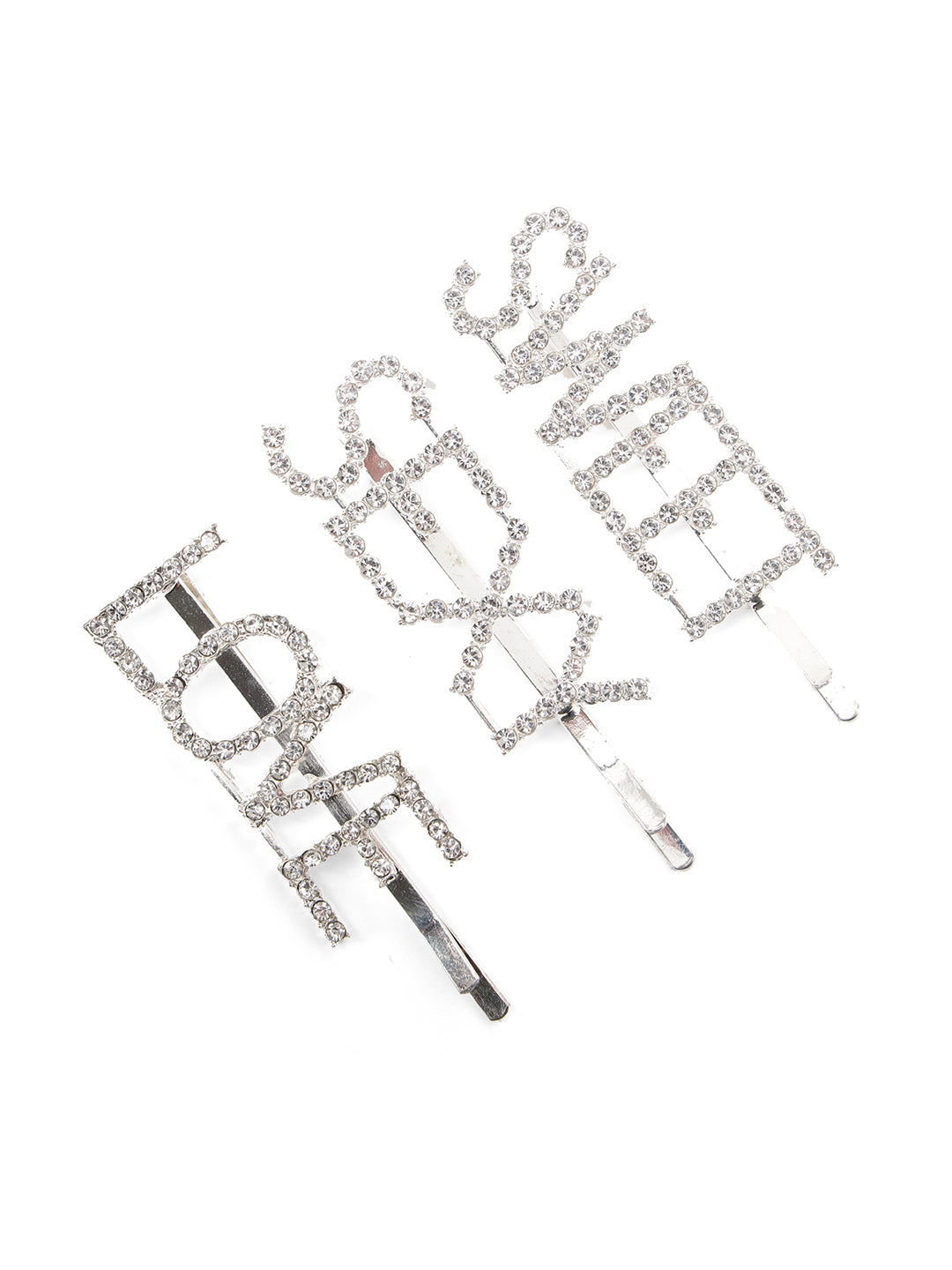 Set Of 3 Silver-Plated American Diamond Studded Letter Party Barrette Hair Clip - Jazzandsizzle