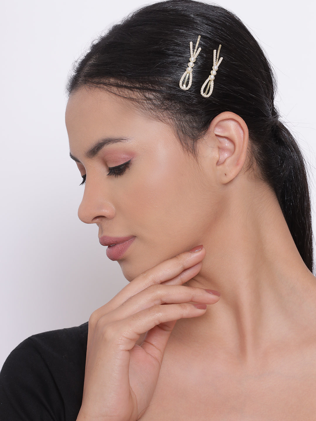 Set Of 2 Gold-Plated Off-White Gold Beaded Handcrafted Hair Clips - Jazzandsizzle