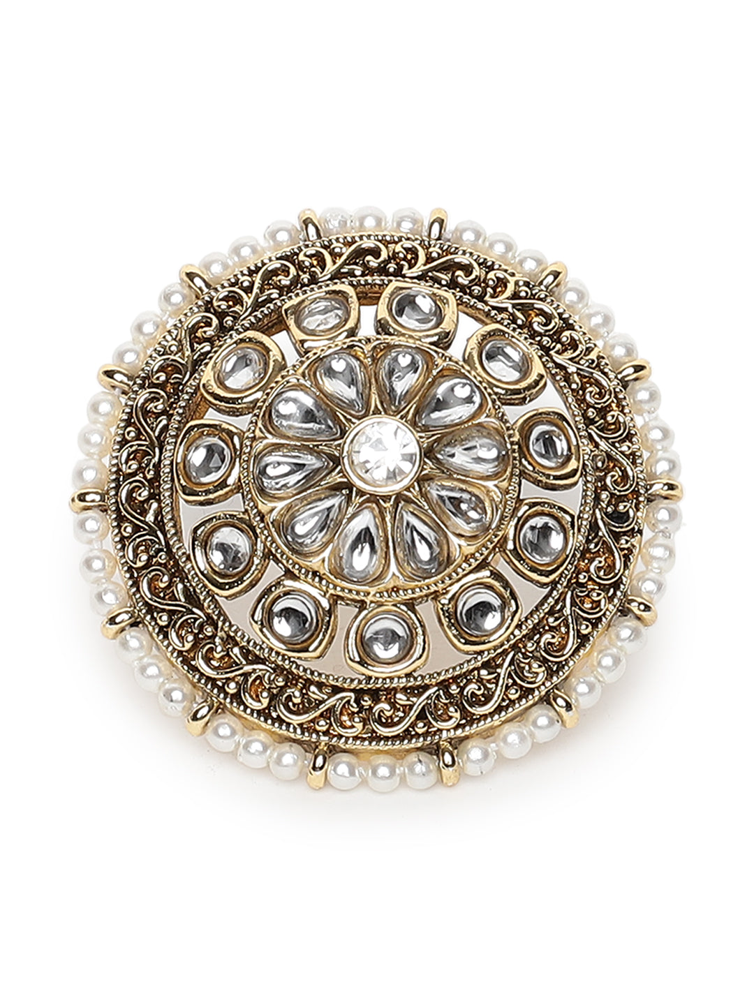 Gold-Plated & White Stone Studded Floral Shape Adjustable Finger Ring - Jazzandsizzle