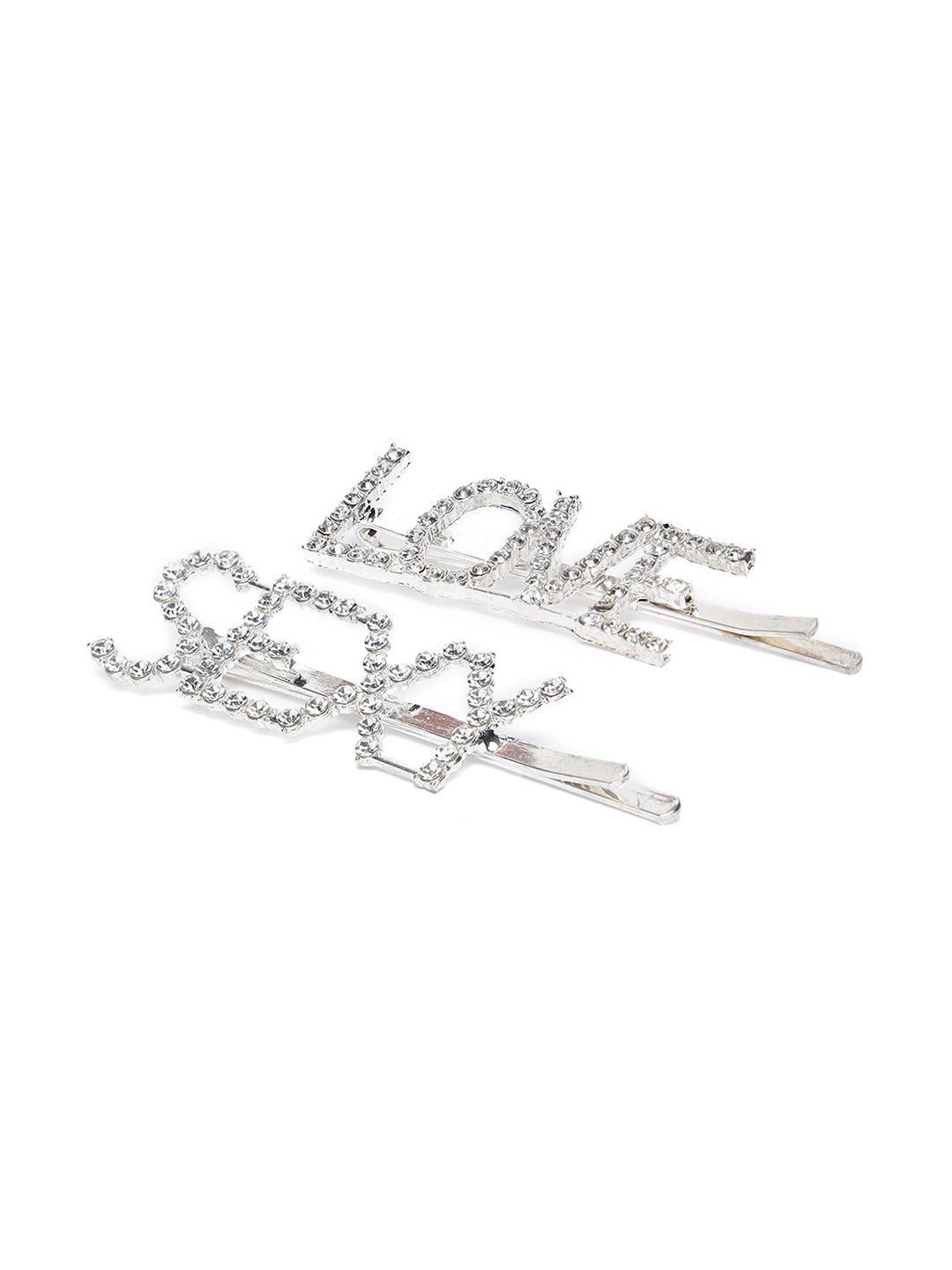 Set Of 3 Silver-Plated American Diamond Studded Letter Party Barrette Hair Clip - Jazzandsizzle