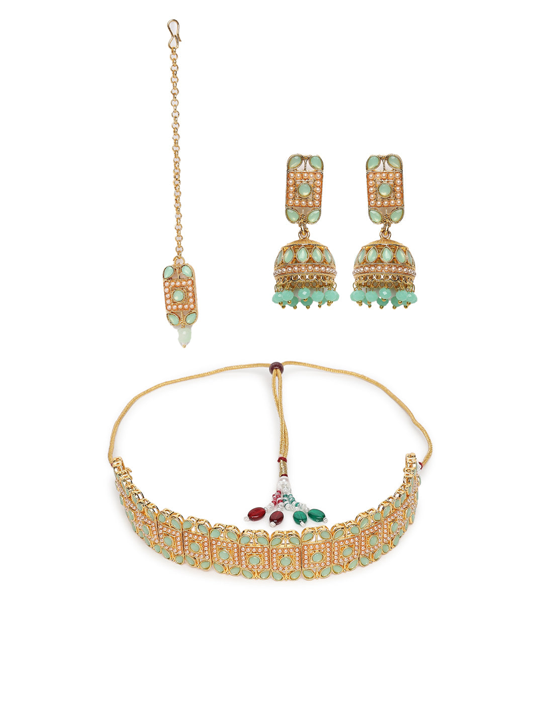 Gold-Plated &Mint Green Kundan Studded Pearl Handcrafted Choker Jewellery Set - Jazzandsizzle