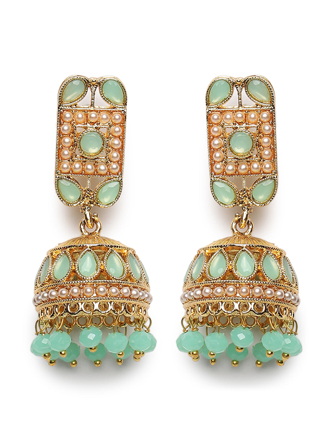 Gold-Plated &Mint Green Kundan Studded Pearl Handcrafted Choker Jewellery Set