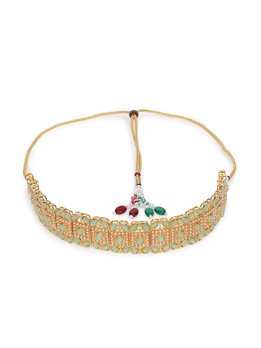 Gold-Plated &Mint Green Kundan Studded Pearl Handcrafted Choker Jewellery Set - Jazzandsizzle