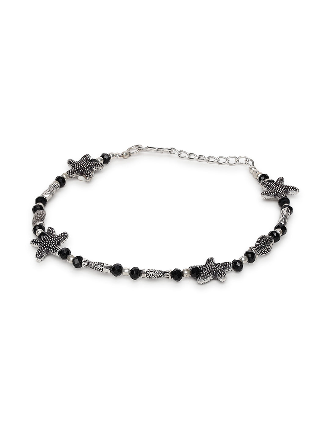 Silver-Plated & Black Beaded Handcrafted Starfish_Fish Anklet - Jazzandsizzle