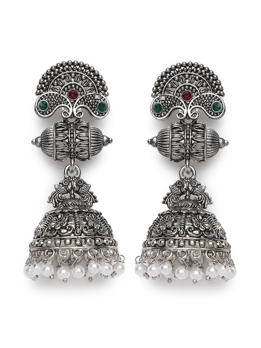 Oxidised Peacock shaped Silver-Plated Red & Green Stone Studded & Beaded Jhumkas - Jazzandsizzle