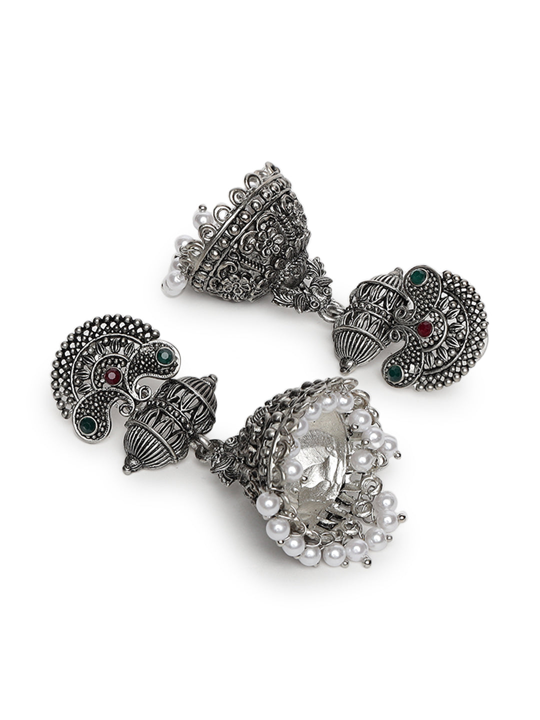 Oxidised Peacock shaped Silver-Plated Red & Green Stone Studded & Beaded Jhumkas - Jazzandsizzle