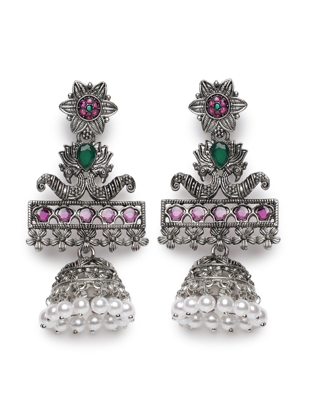 Pink & Green Oxidised Silver-Plated German Silver Stone Studded & Beaded Jhumkas