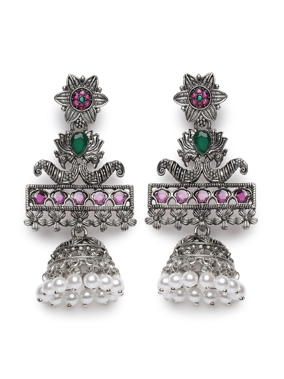 Pink & Green Oxidised Silver-Plated German Silver Stone Studded & Beaded Jhumkas - Jazzandsizzle