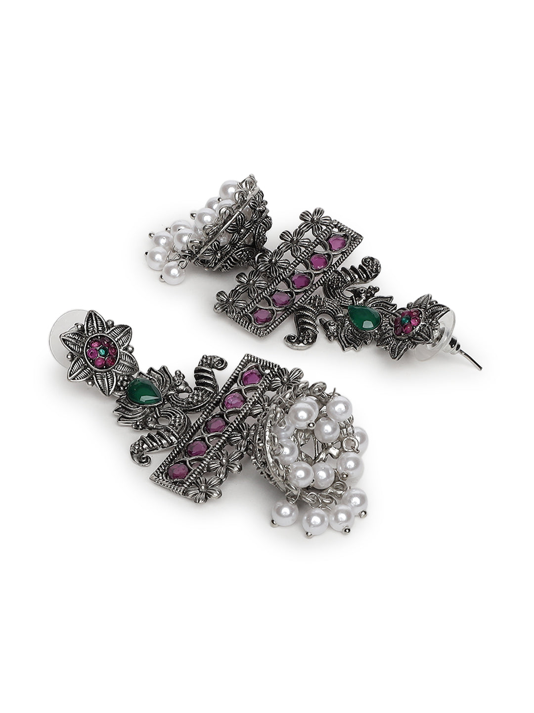 Pink & Green Oxidised Silver-Plated German Silver Stone Studded & Beaded Jhumkas - Jazzandsizzle