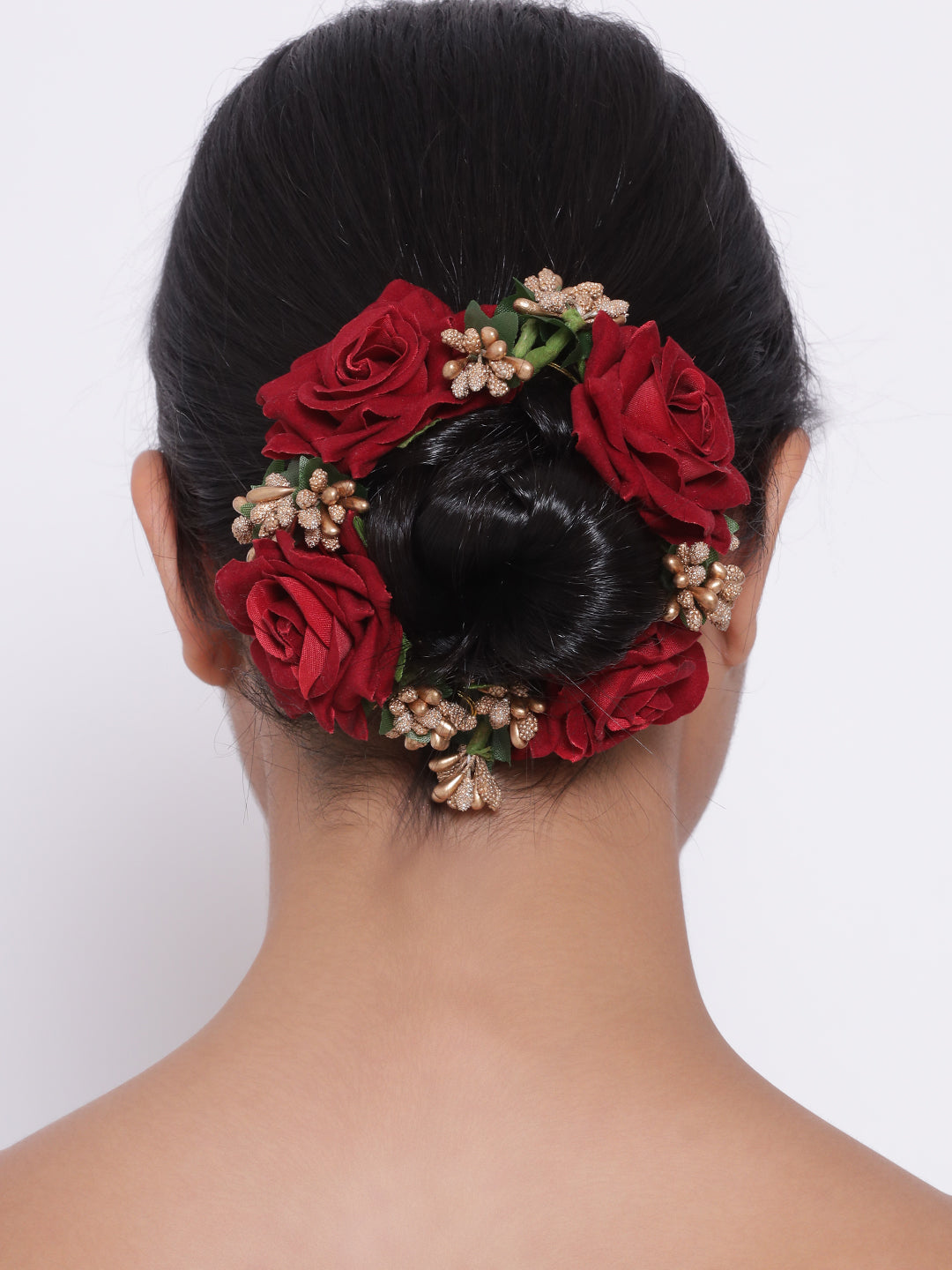 Artificial Red Rose Flower Handcrafted Fabric Gajra/Hair Bun Accessories - Jazzandsizzle