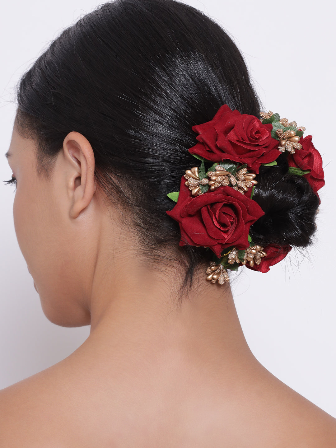 Artificial Red Rose Flower Handcrafted Fabric Gajra/Hair Bun Accessories - Jazzandsizzle