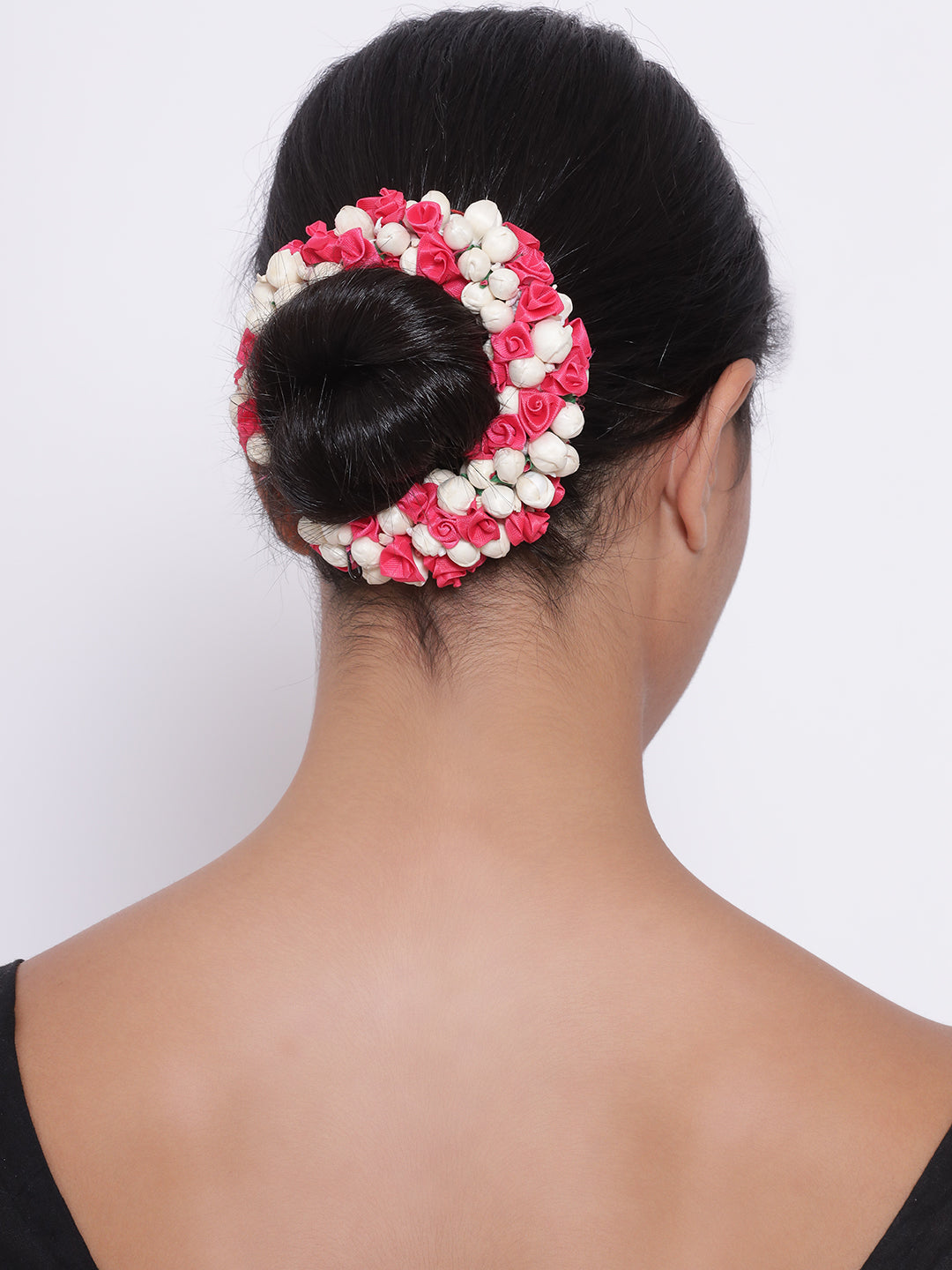 Handcrafted Red Rose And Mogra Bun Hair Accessory - Jazzandsizzle