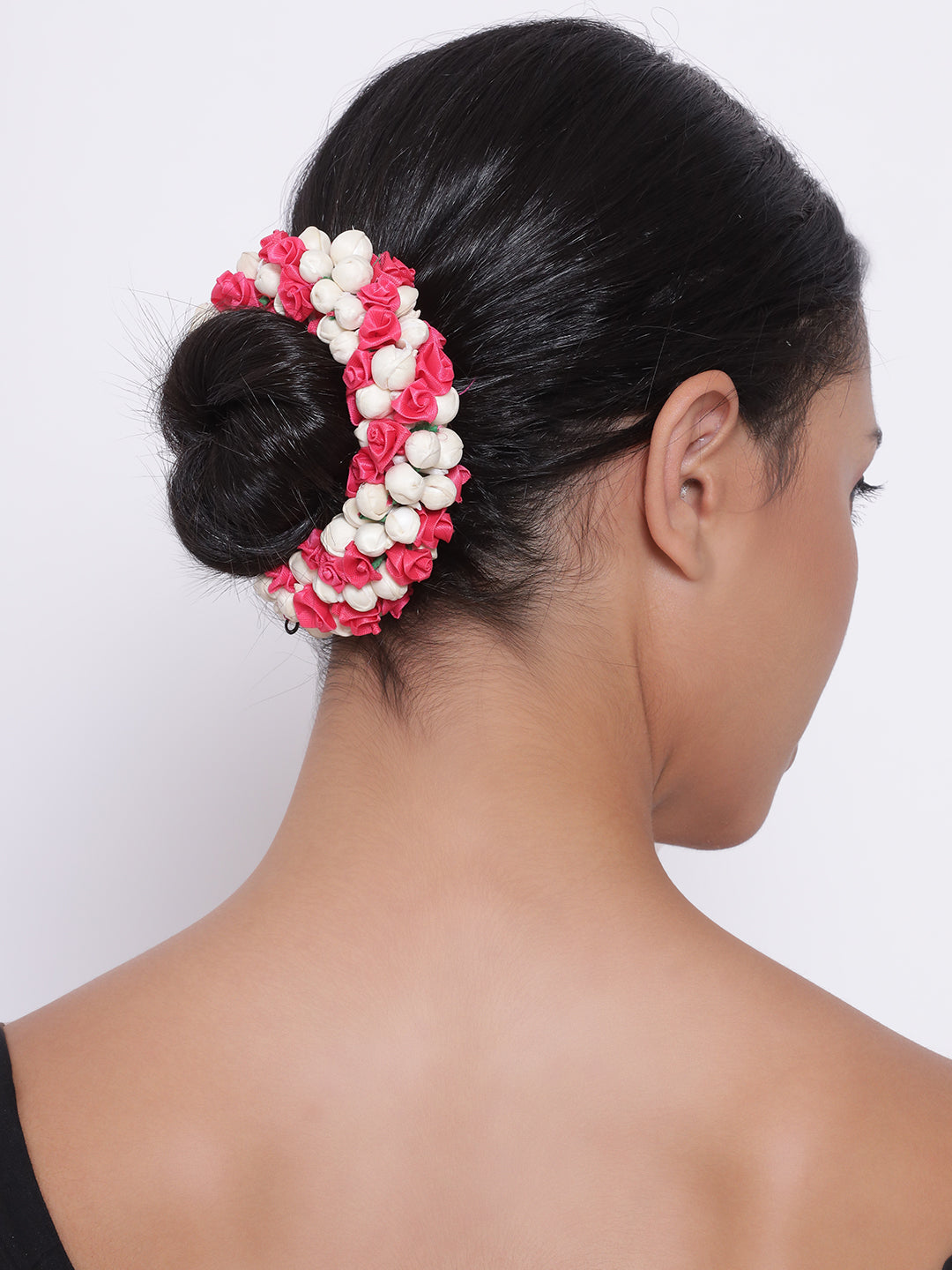 Handcrafted Red Rose And Mogra Bun Hair Accessory - Jazzandsizzle