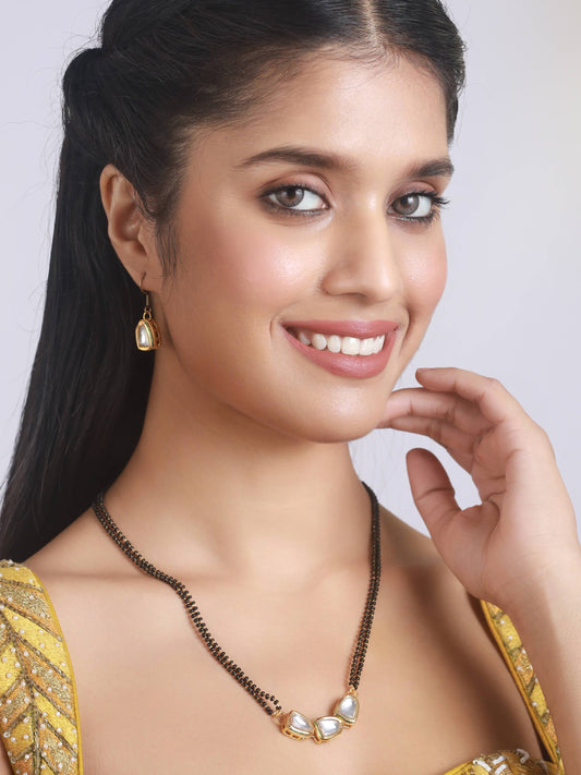 Women White & Black Gold-Plated Kundan-Studded Mangalsutra with Earrings - Jazzandsizzle