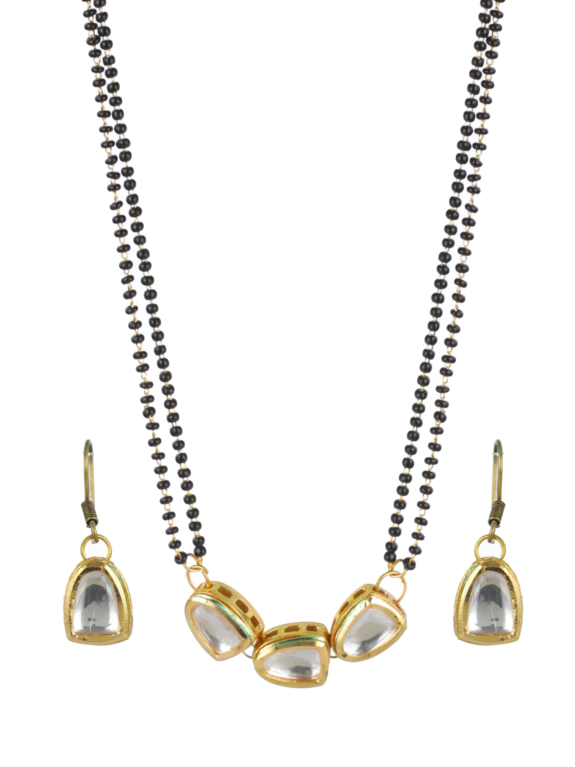 Women White & Black Gold-Plated Kundan-Studded Mangalsutra with Earrings - Jazzandsizzle