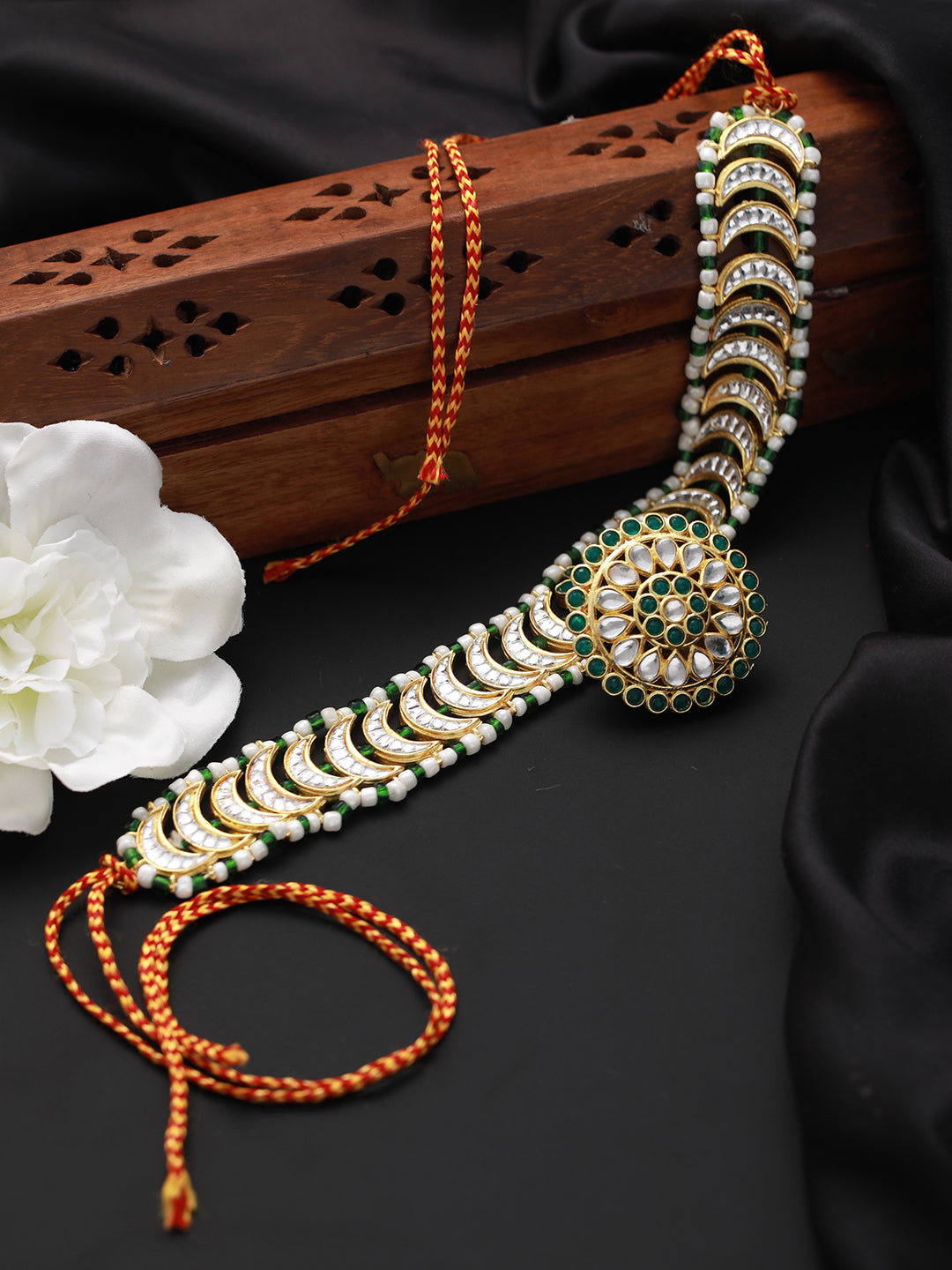 Gold-Plated Green & White Stone-Studded & Pearl Beaded Meenakari Matha Patti - Jazzandsizzle