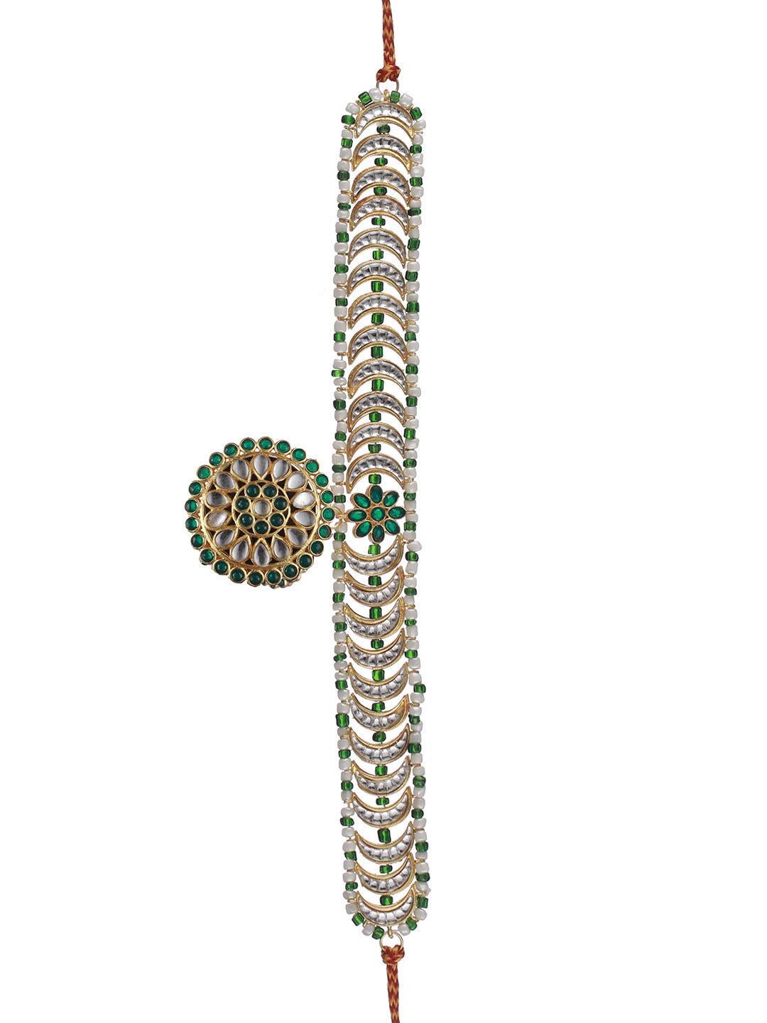 Gold-Plated Green & White Stone-Studded & Pearl Beaded Meenakari Matha Patti - Jazzandsizzle