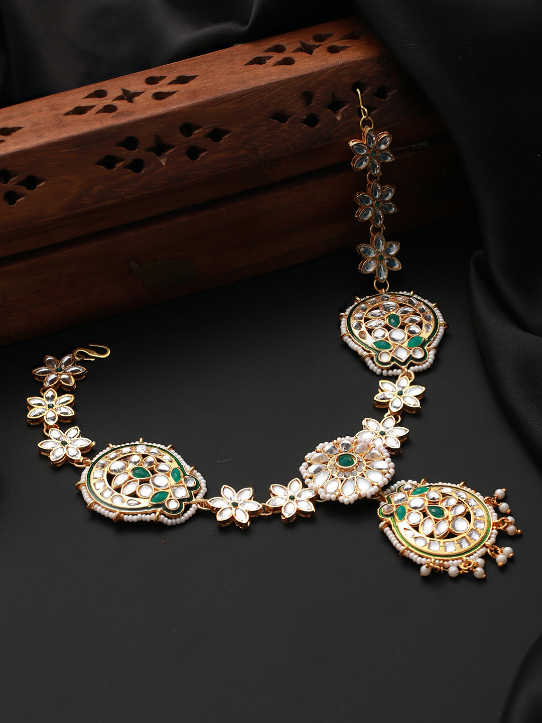 Gold-Plated Green & White Kundan-Studded & Pearl Beaded Meenakari Mathapatti - Jazzandsizzle