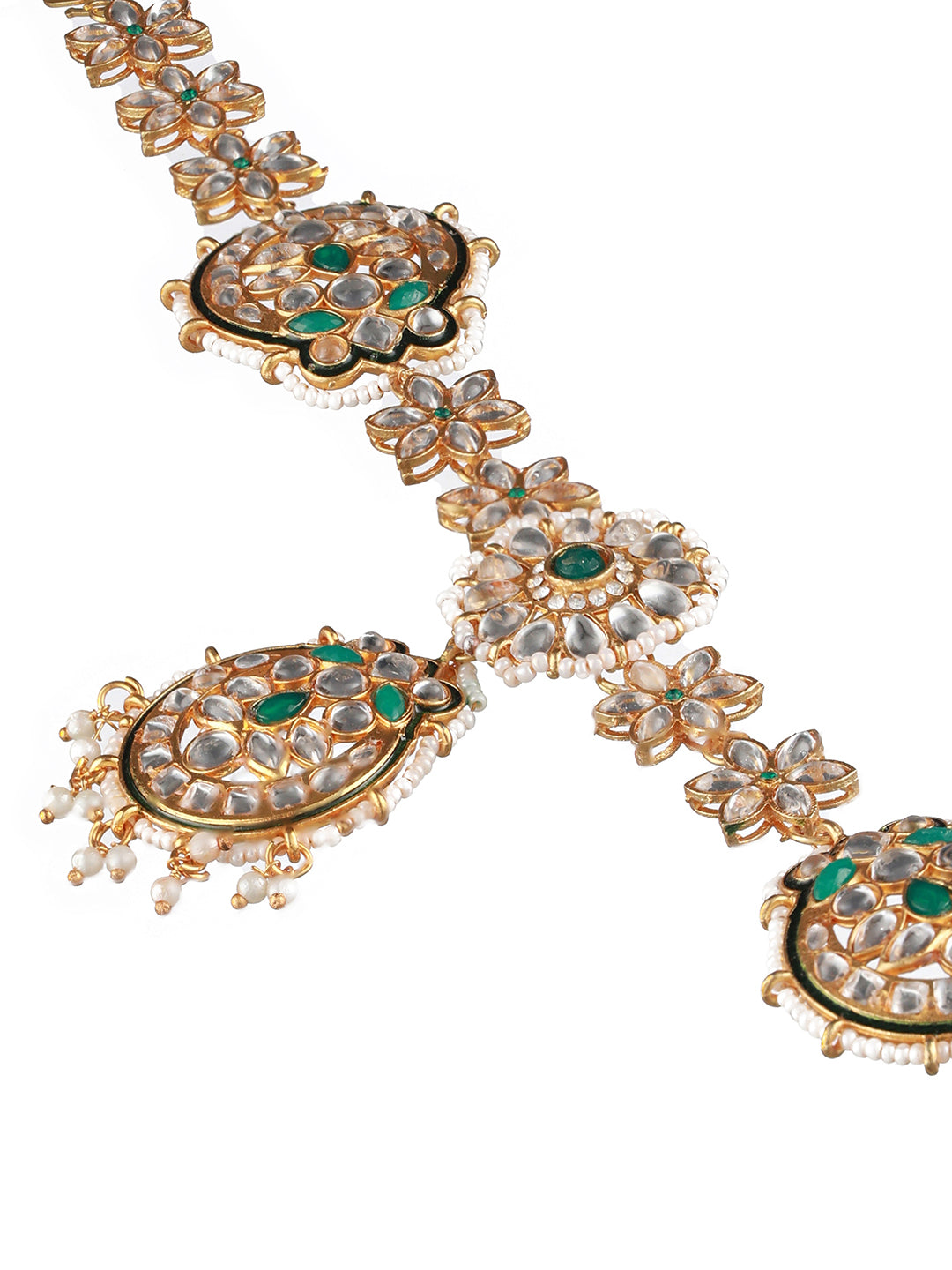 Gold-Plated Green & White Kundan-Studded & Pearl Beaded Meenakari Mathapatti - Jazzandsizzle