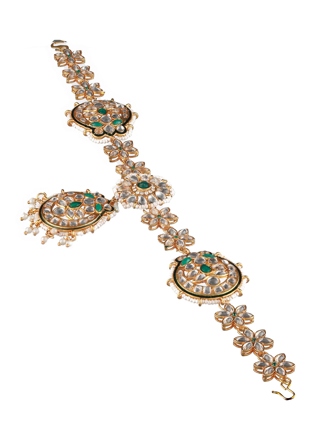 Gold-Plated Green & White Kundan-Studded & Pearl Beaded Meenakari Mathapatti - Jazzandsizzle