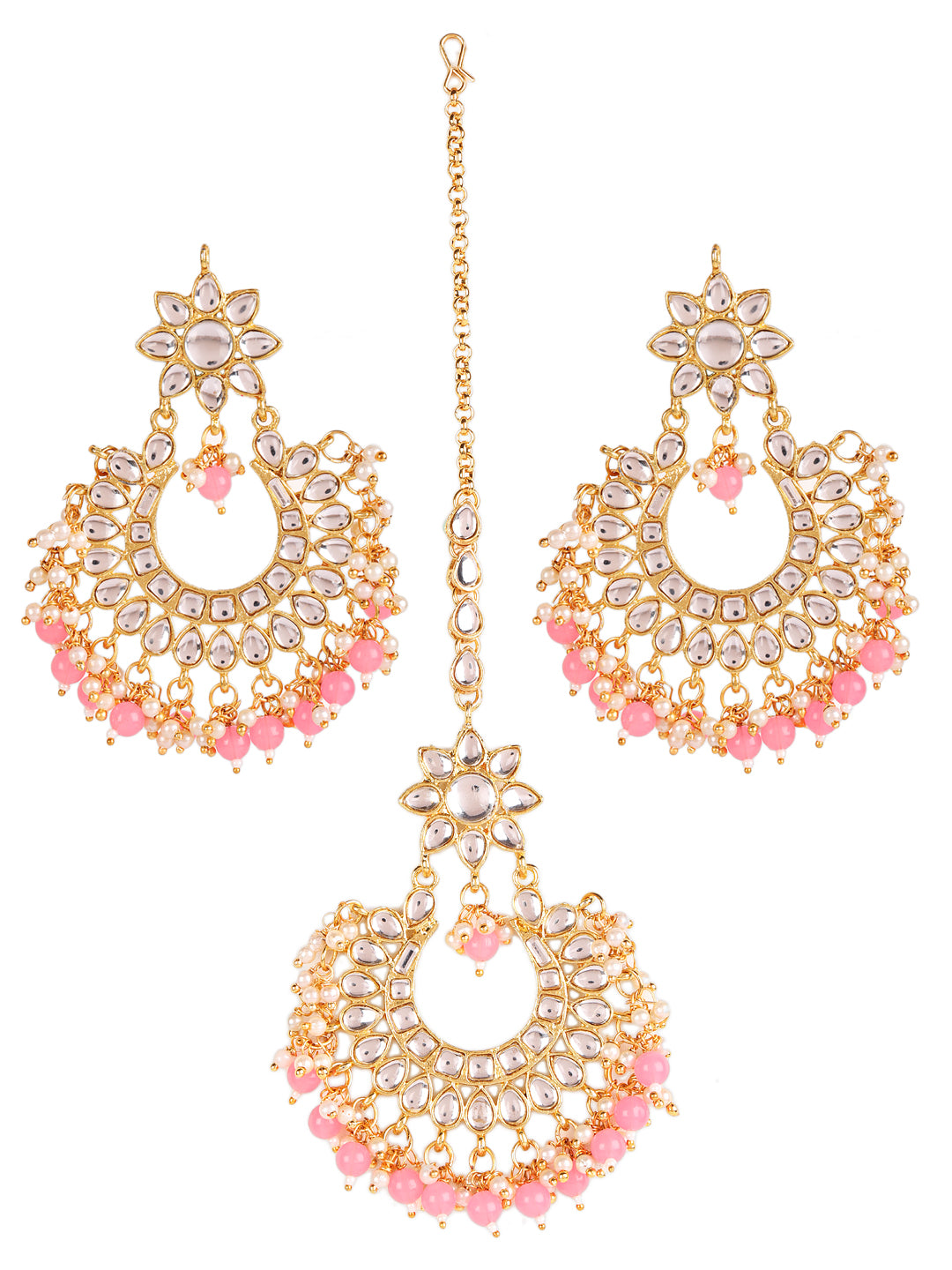 Gold-Toned white Kundan studded & Pink Pearls Maangtikka & Earring Set - Jazzandsizzle