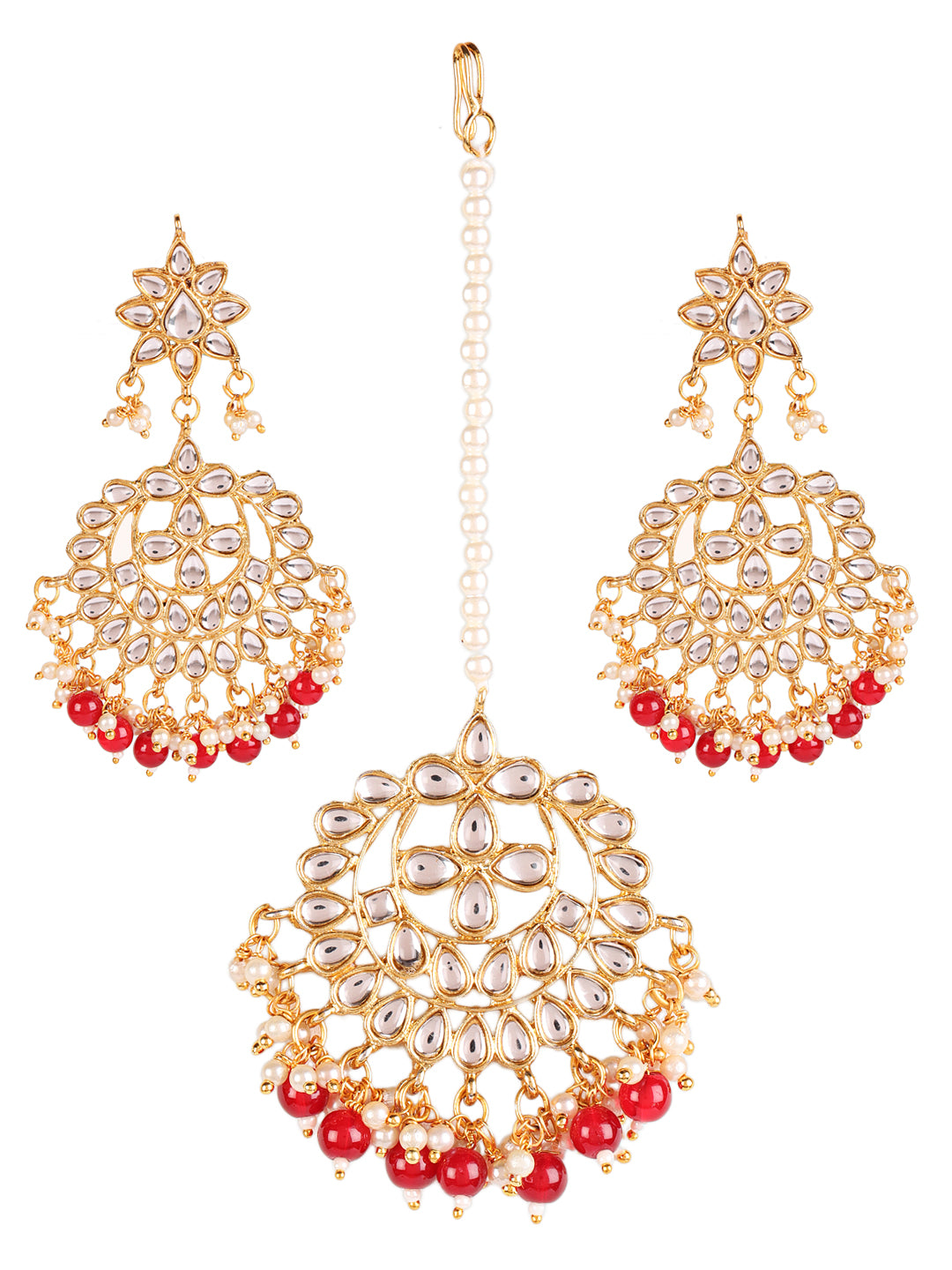Gold-Toned Mahroon & White Kundan stone studded & Pearls Maangtikka & Earring Set - Jazzandsizzle
