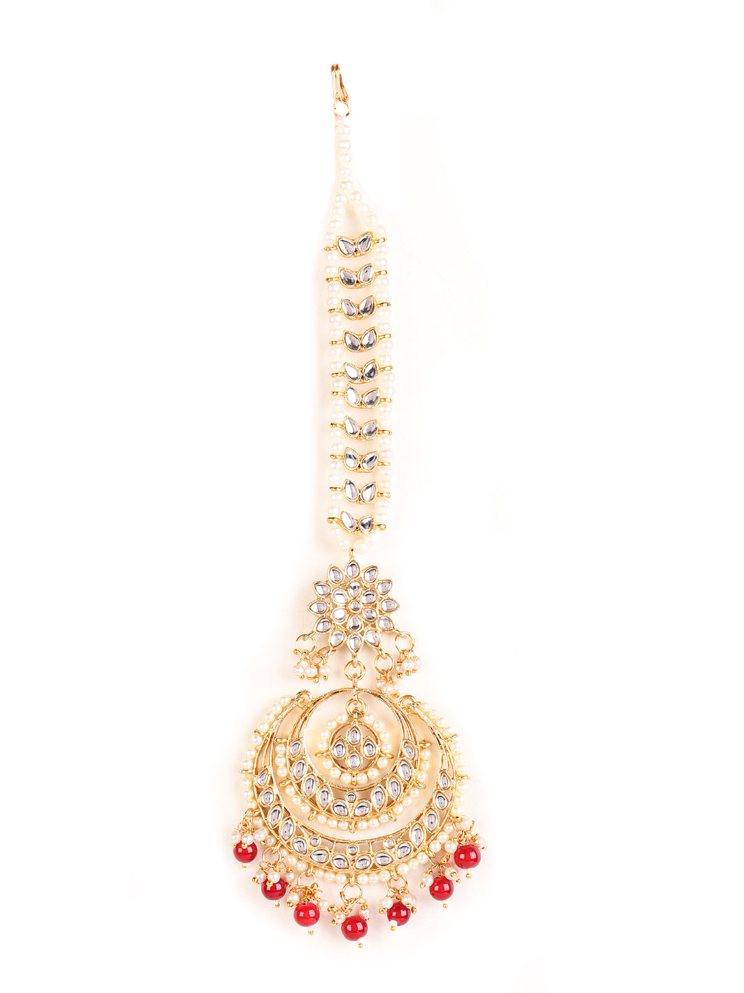 Gold-Toned Mahroon & White Kundan stone studded & Pearls Traditional Maangtikka - Jazzandsizzle