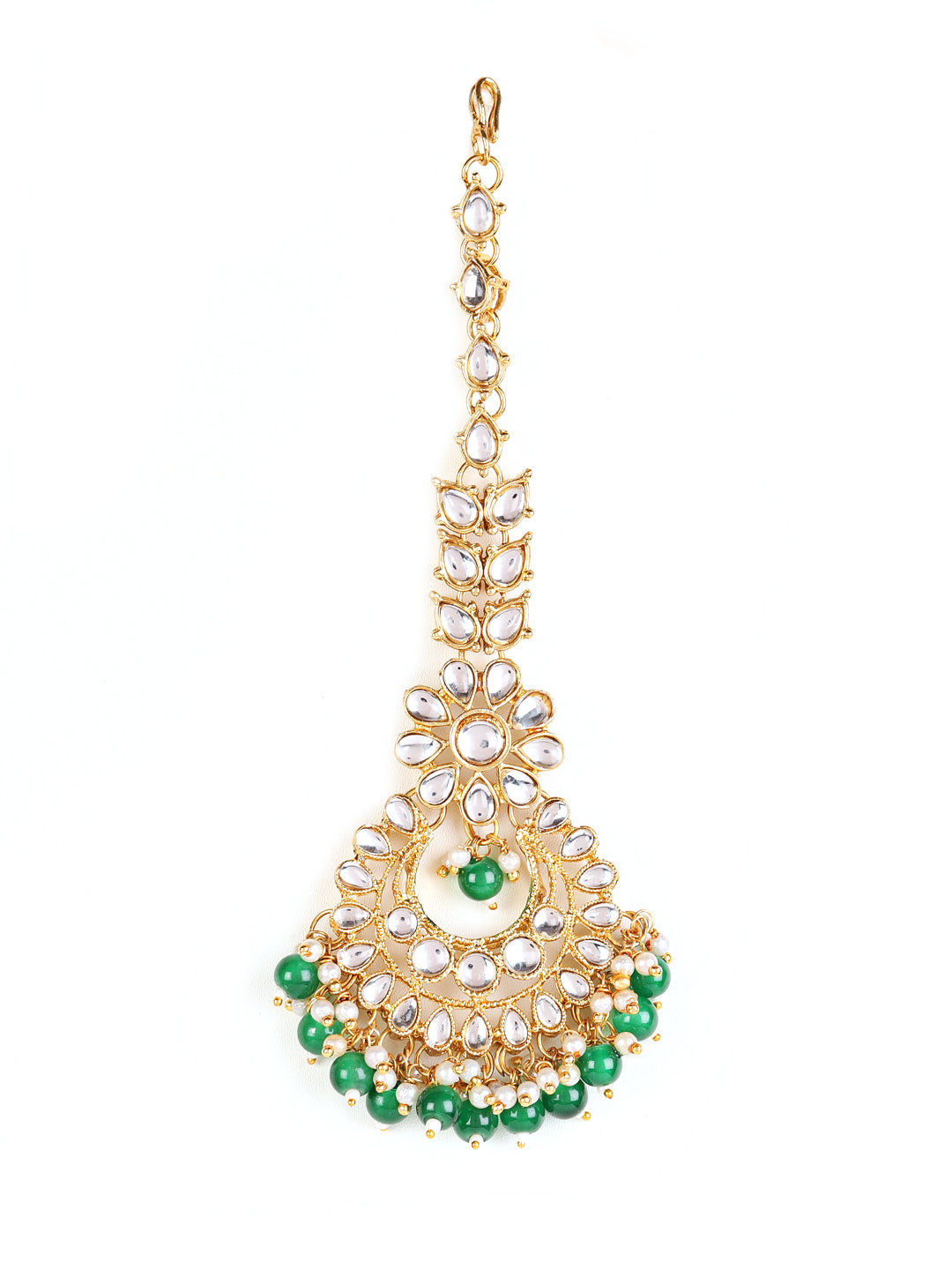 Gold-Toned Green & White Kundan stone studded & Pearls Traditional Maangtikka - Jazzandsizzle
