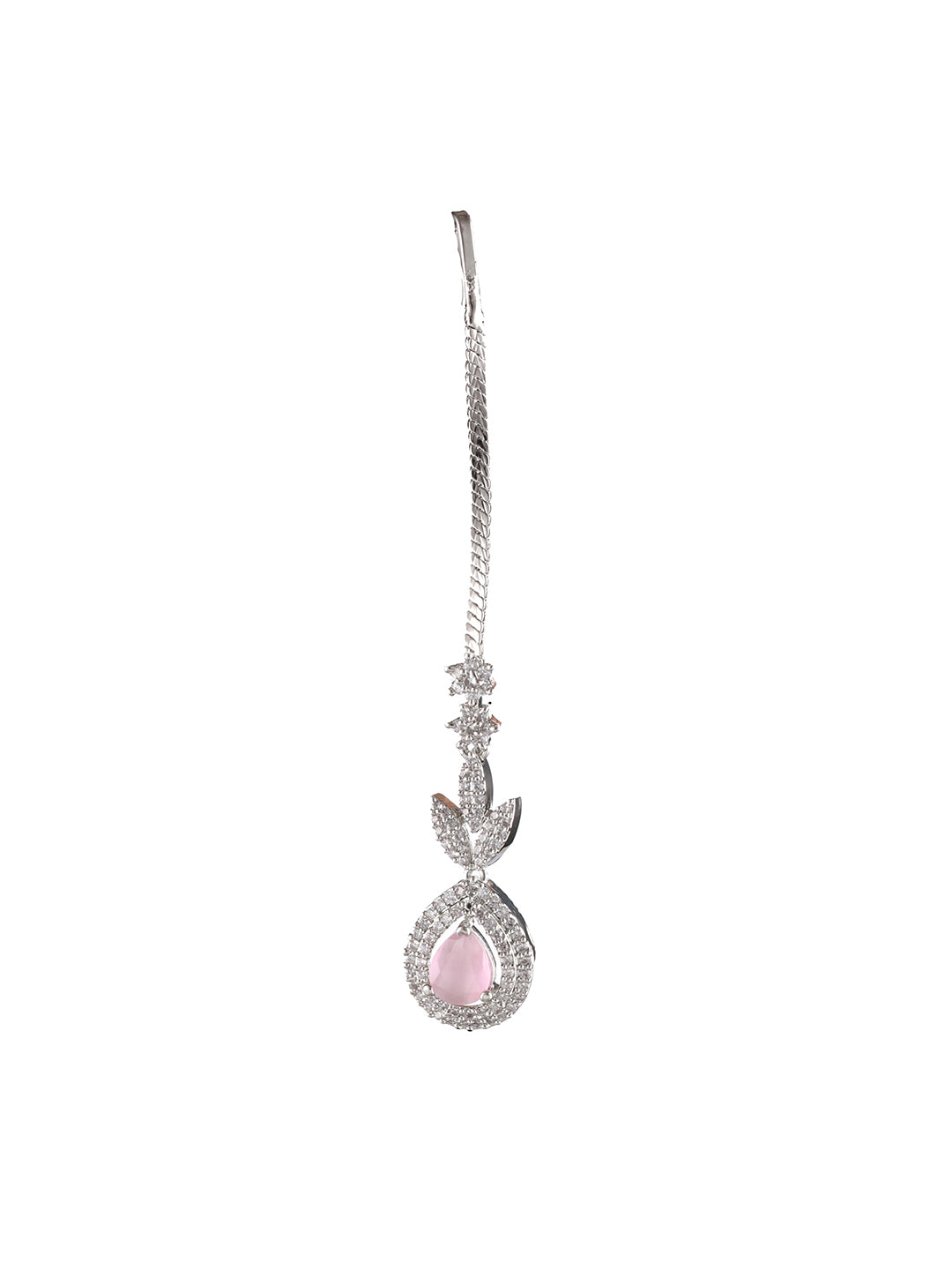 Silver Plated & Pink AD Studded Teardrop Shaped Maang Tika - Jazzandsizzle