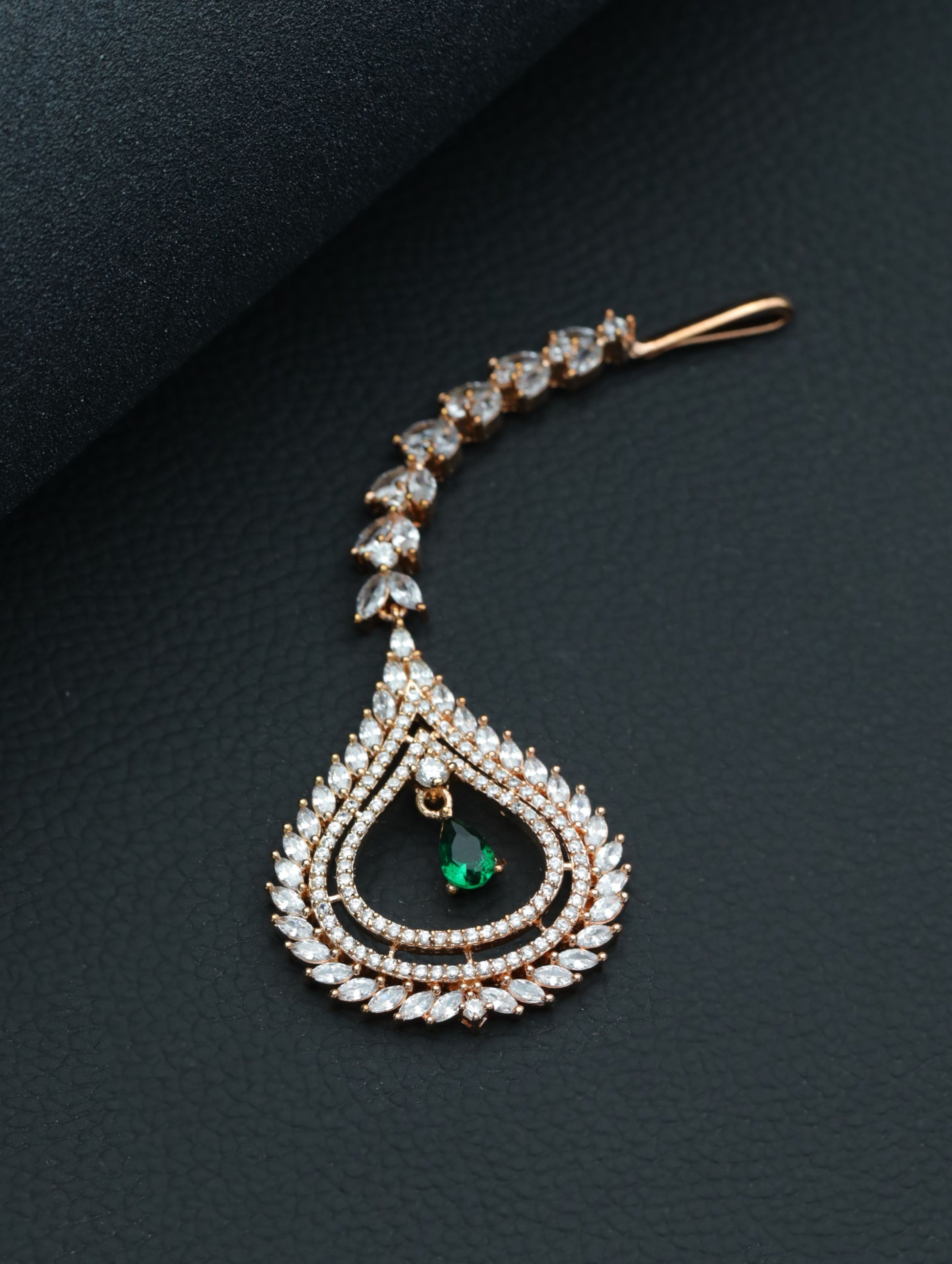 Rose Gold-Plated Green AD-Studded Handcrafted Maang Tikka - Jazzandsizzle