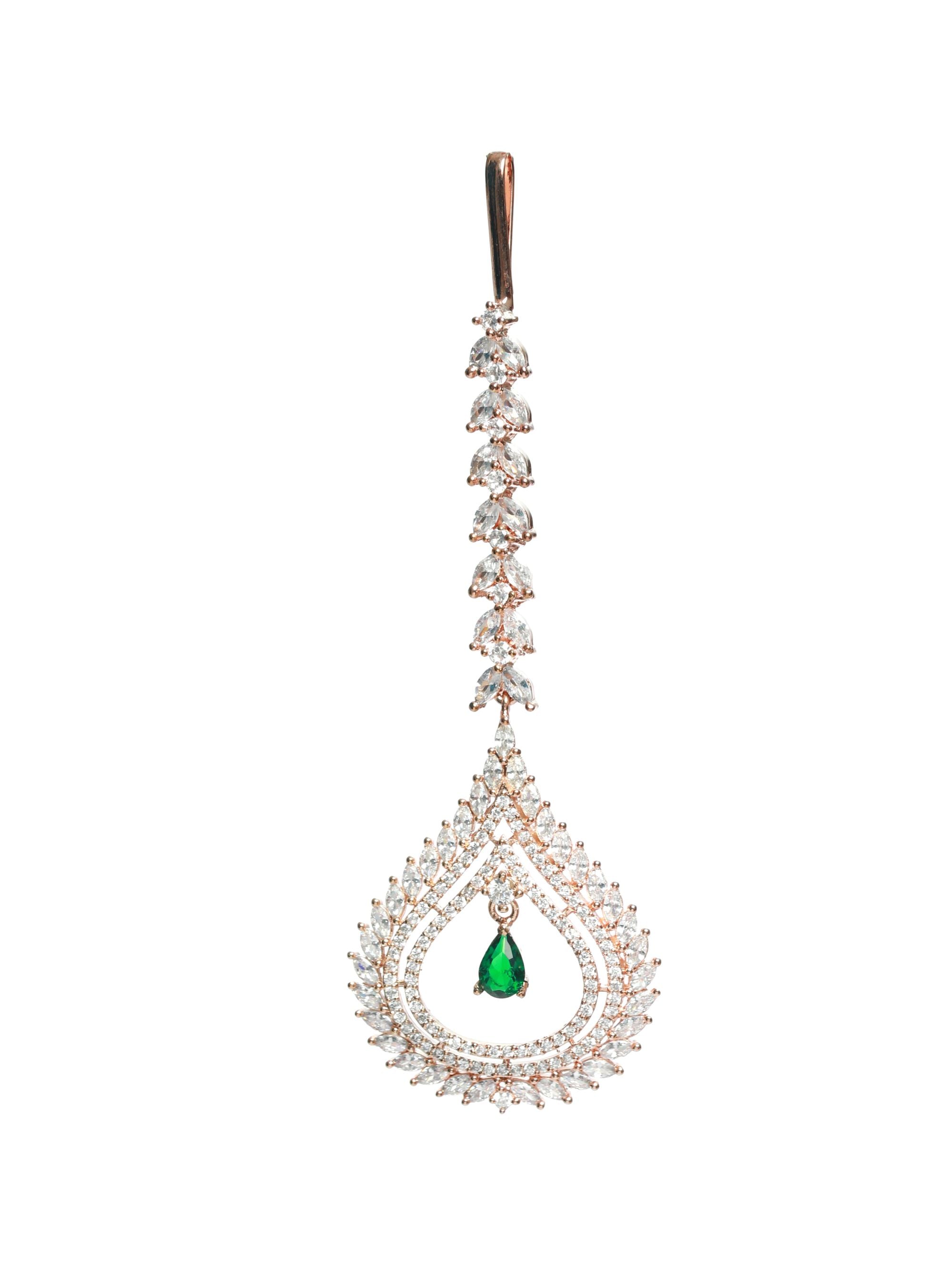 Rose Gold-Plated Green AD-Studded Handcrafted Maang Tikka