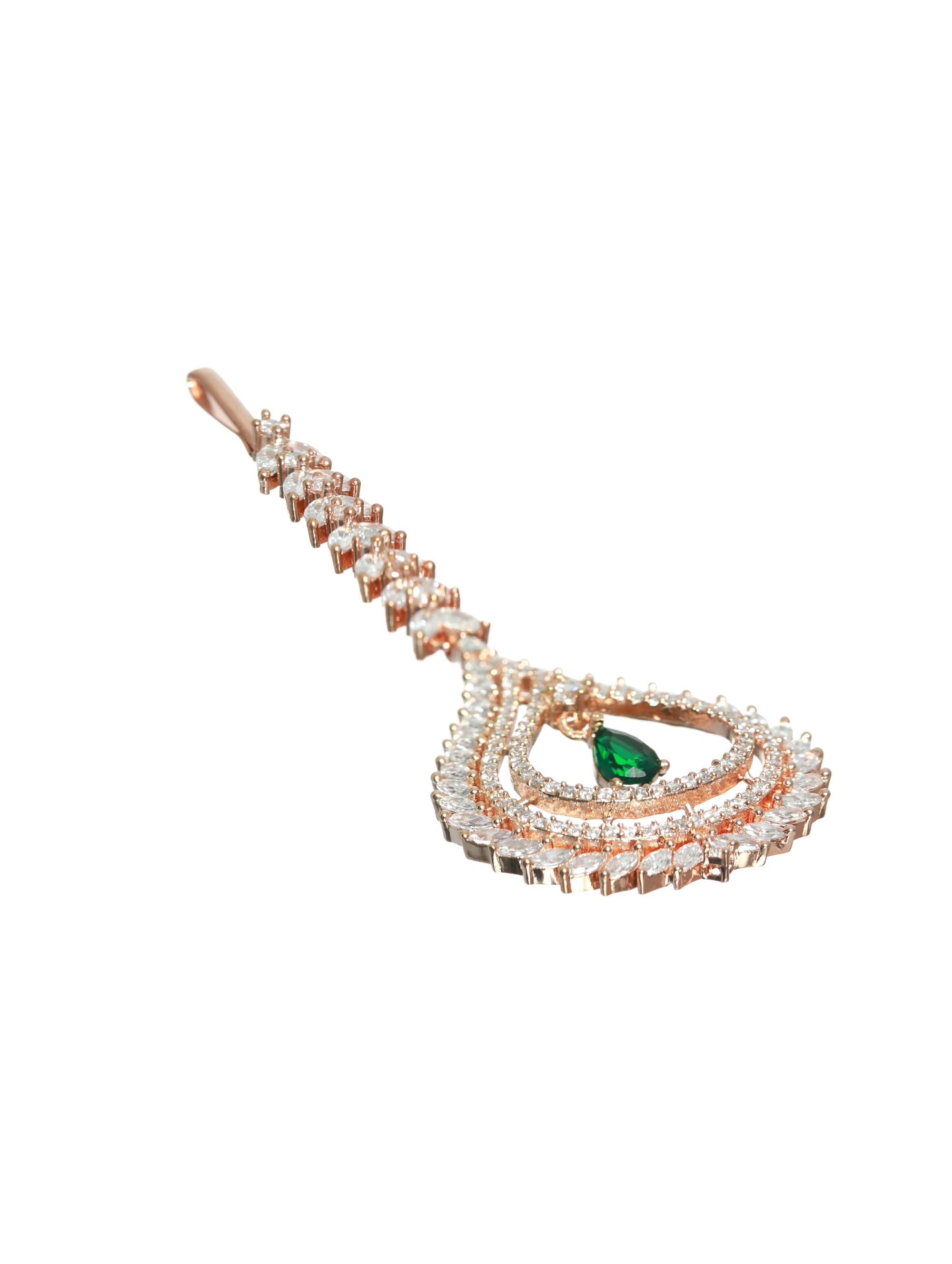 Rose Gold-Plated Green AD-Studded Handcrafted Maang Tikka