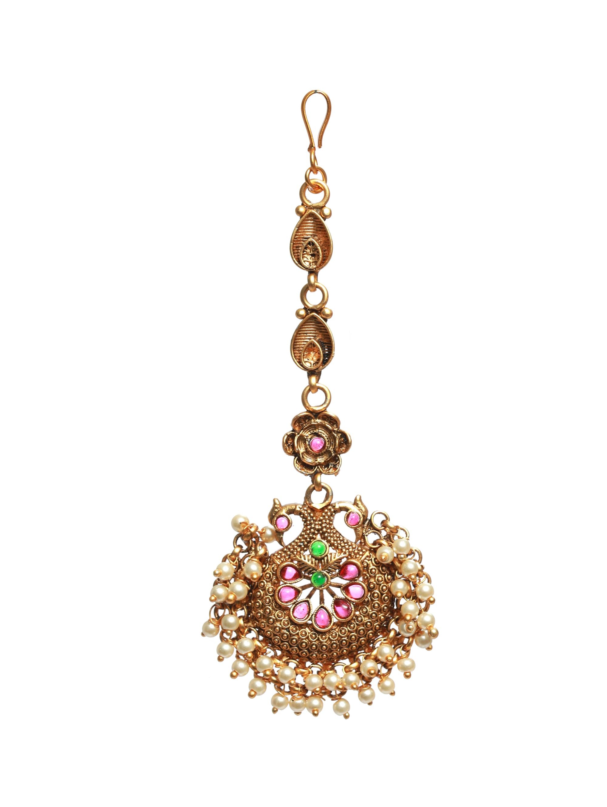 Gold-Plated Green & Pink Stone-Studded & Beaded Temple Maang Tikka