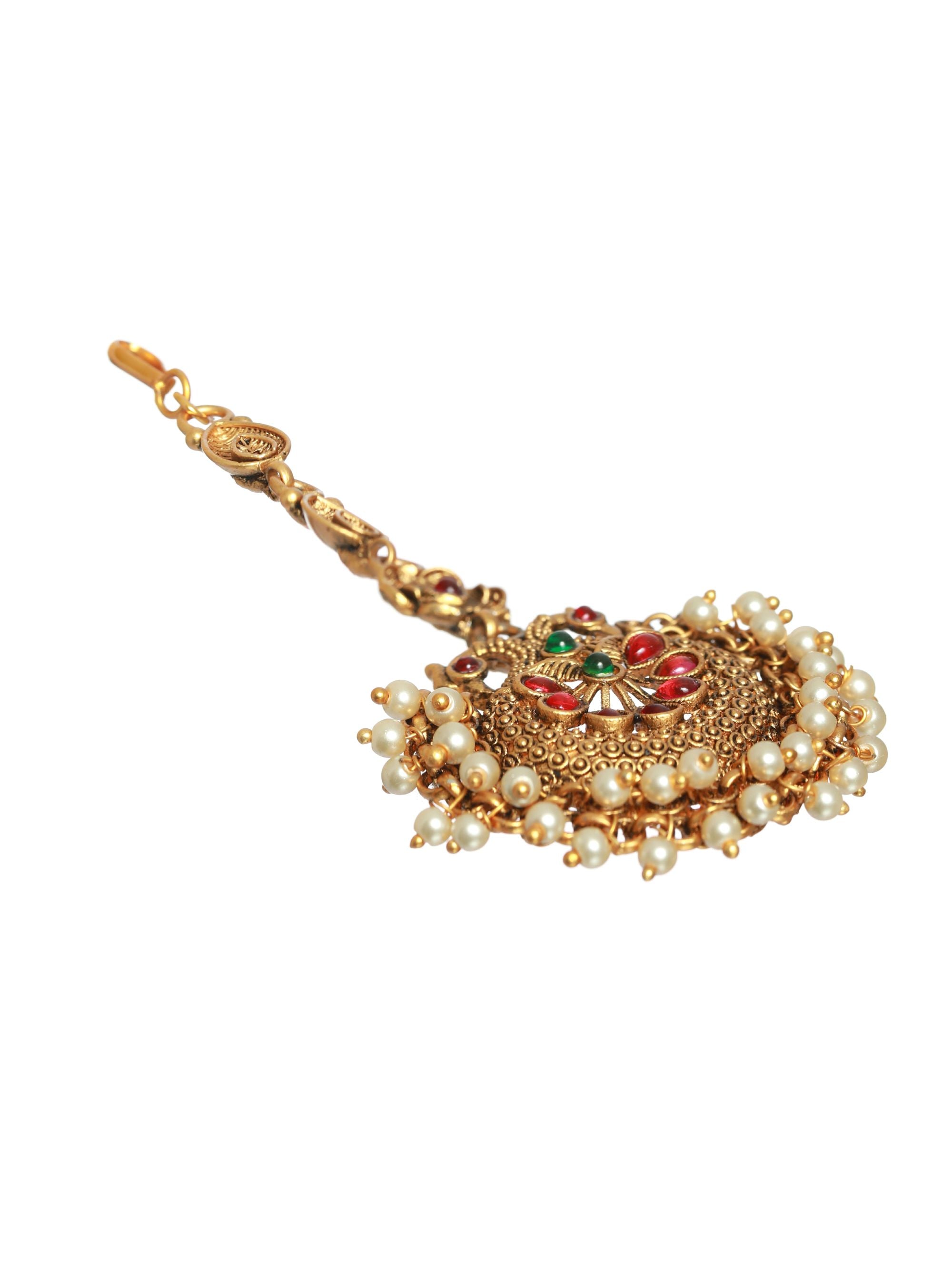 Gold-Plated Green & Pink Stone-Studded & Beaded Temple Maang Tikka - Jazzandsizzle