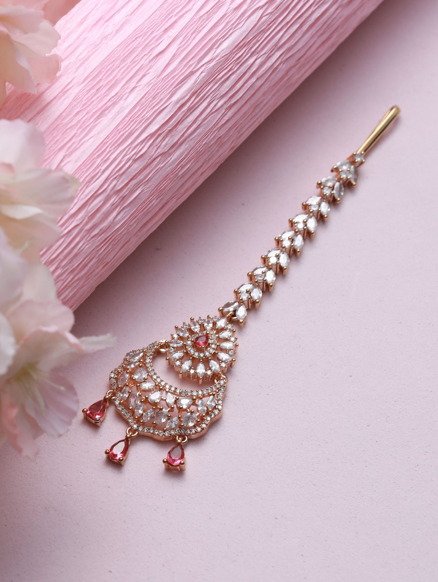 Rose Gold-Plated Magenta AD-Studded & White AD Floral Studded Maangtikka - Jazzandsizzle