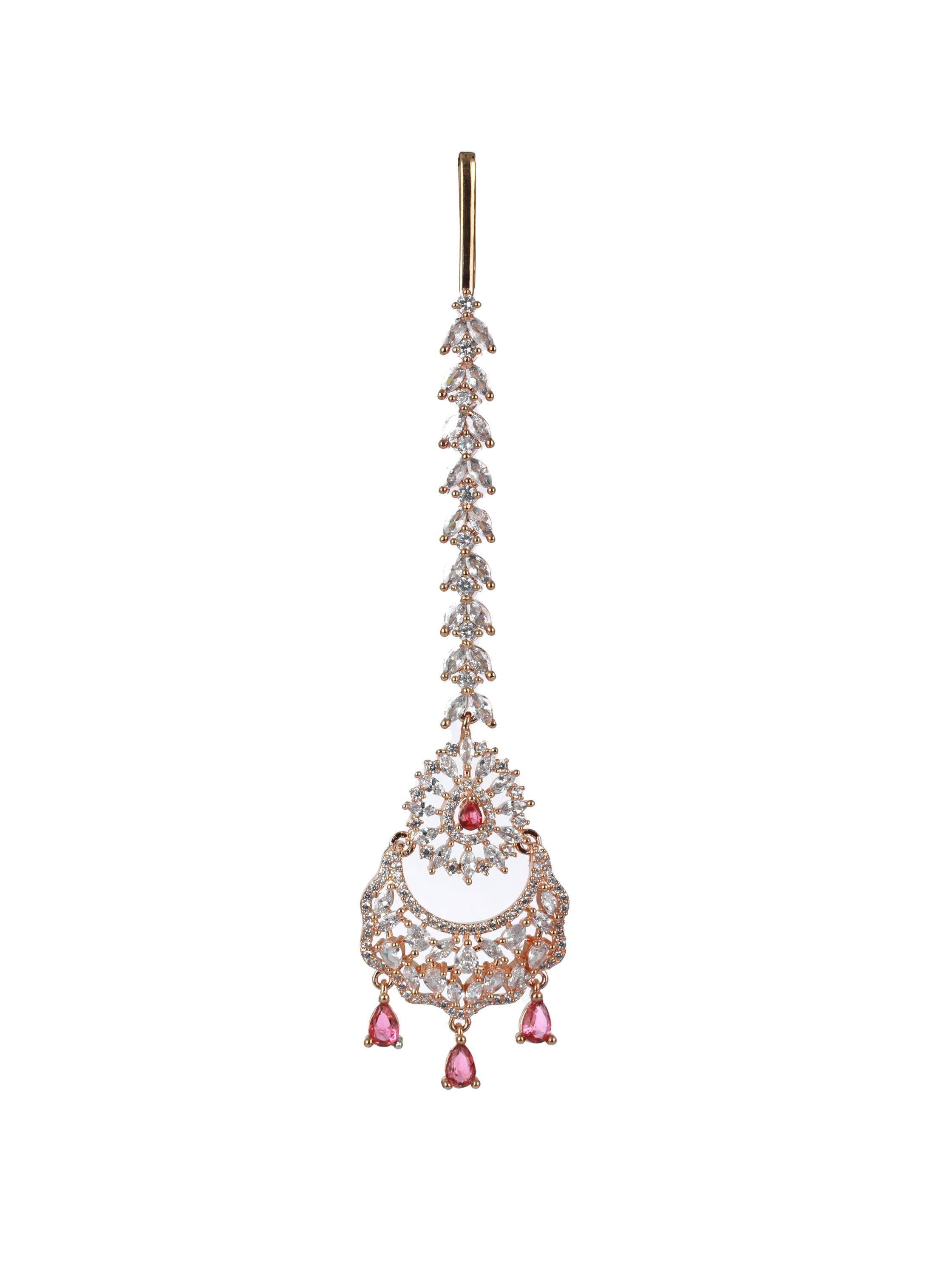 Rose Gold-Plated Magenta AD-Studded & White AD Floral Studded Maangtikka