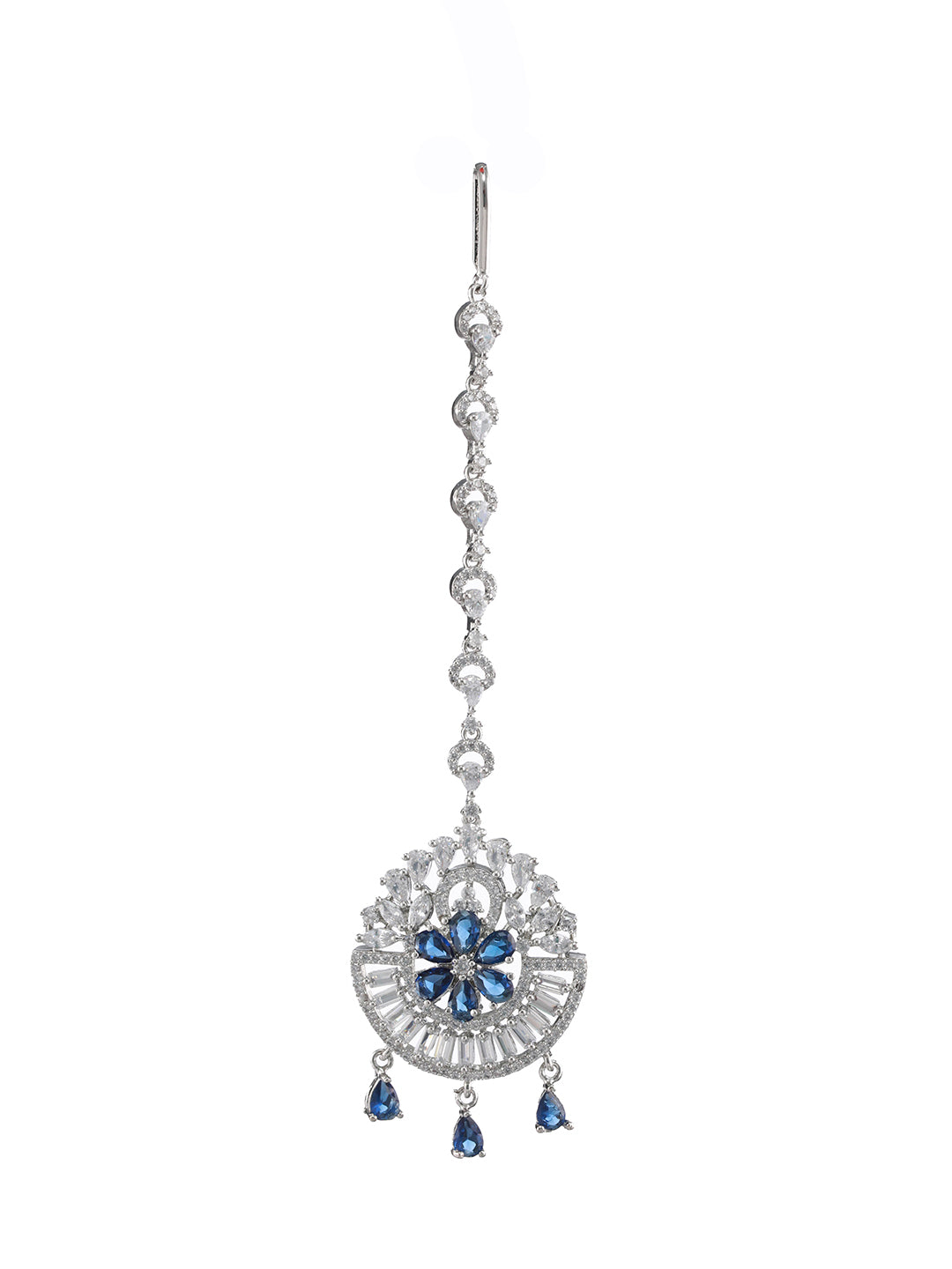 Rhoduium-Plated Blue & White AD Studded Floral Maangtikka - Jazzandsizzle