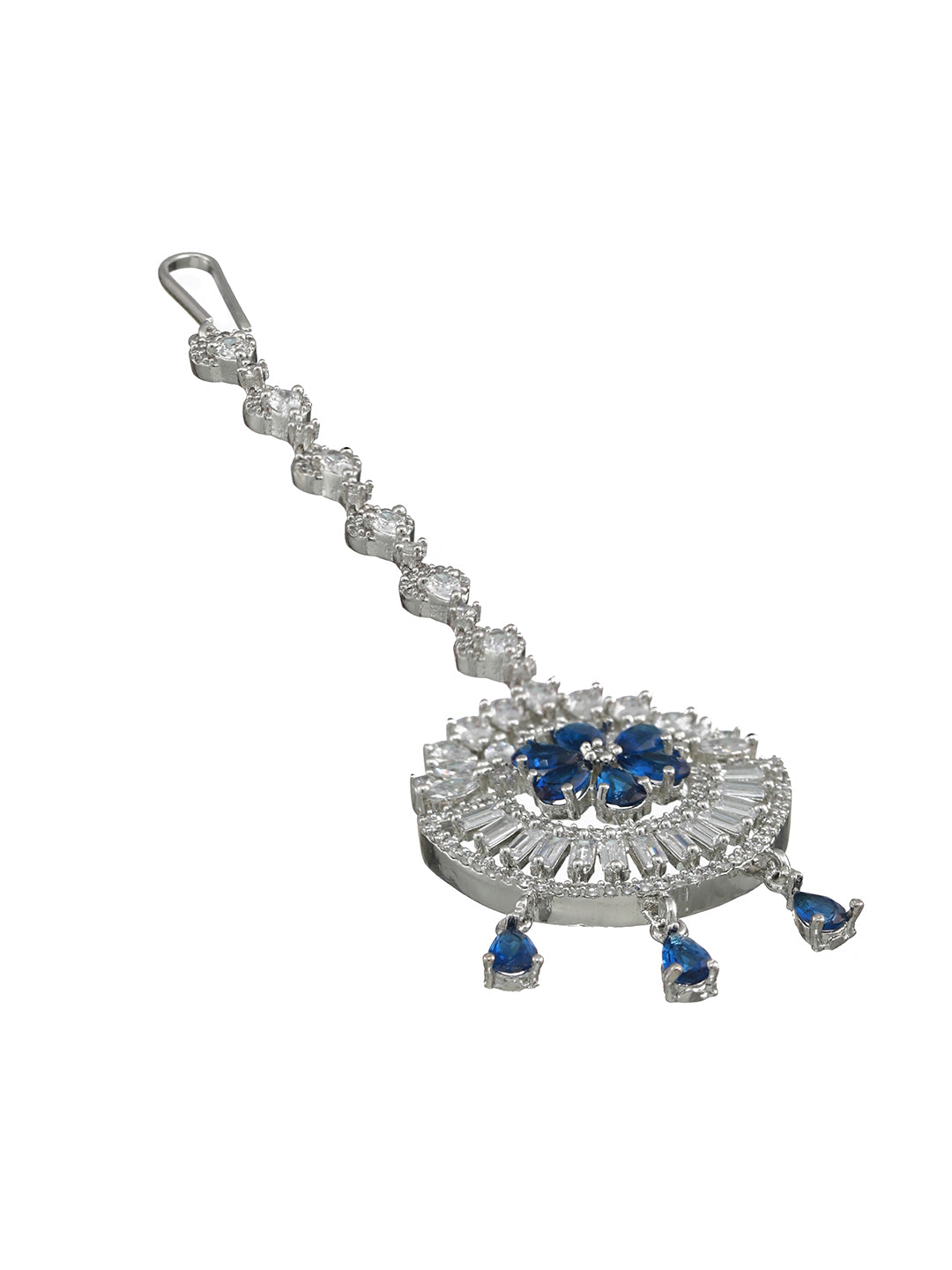 Rhoduium-Plated Blue & White AD Studded Floral Maangtikka - Jazzandsizzle