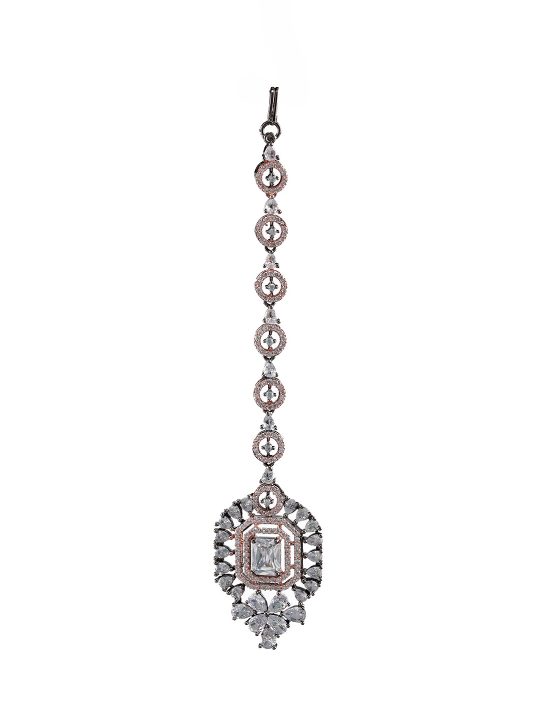 Silver-Plated Dual-Toned American Diamond Studded Maang Tikka - Jazzandsizzle