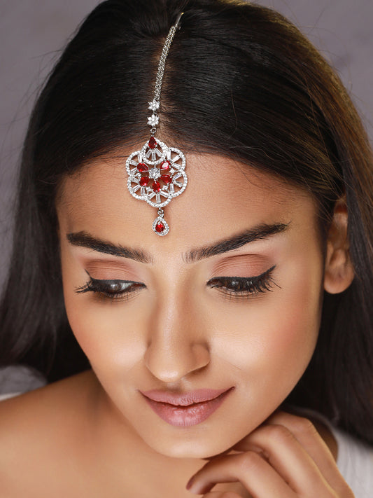 Women Silver-Plated Red & White American Diamond Studded Handcrafted Maang Tikka - Jazzandsizzle