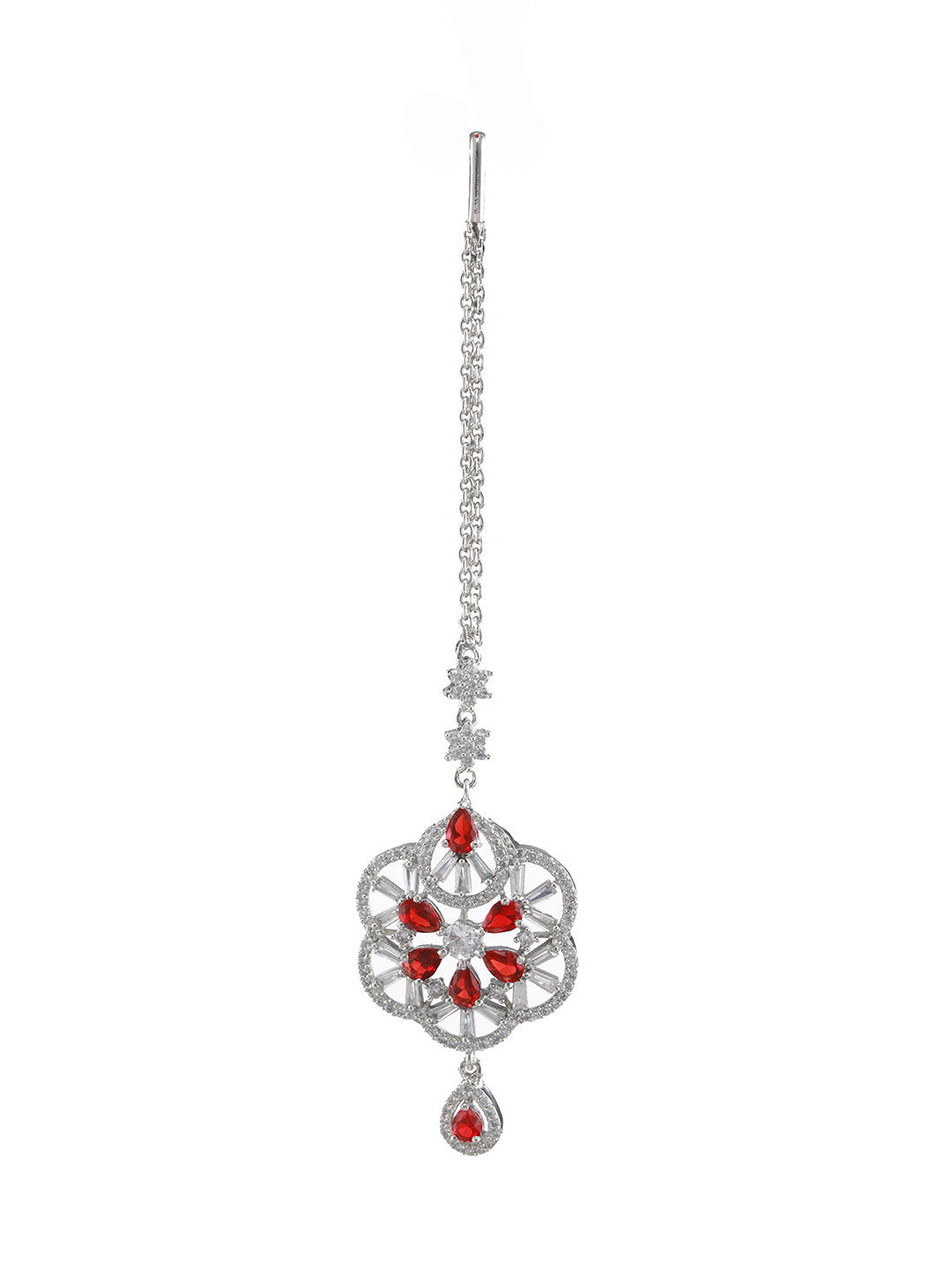 Women Silver-Plated Red & White American Diamond Studded Handcrafted Maang Tikka