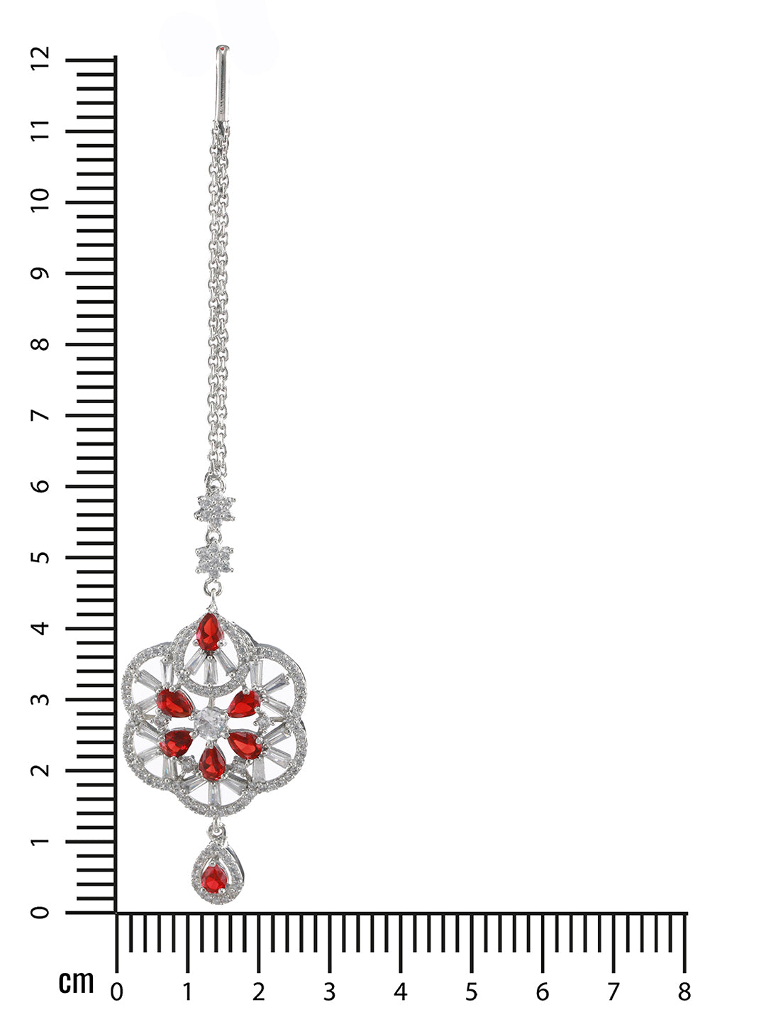 Women Silver-Plated Red & White American Diamond Studded Handcrafted Maang Tikka - Jazzandsizzle