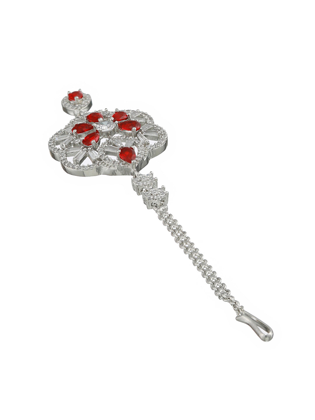 Women Silver-Plated Red & White American Diamond Studded Handcrafted Maang Tikka - Jazzandsizzle