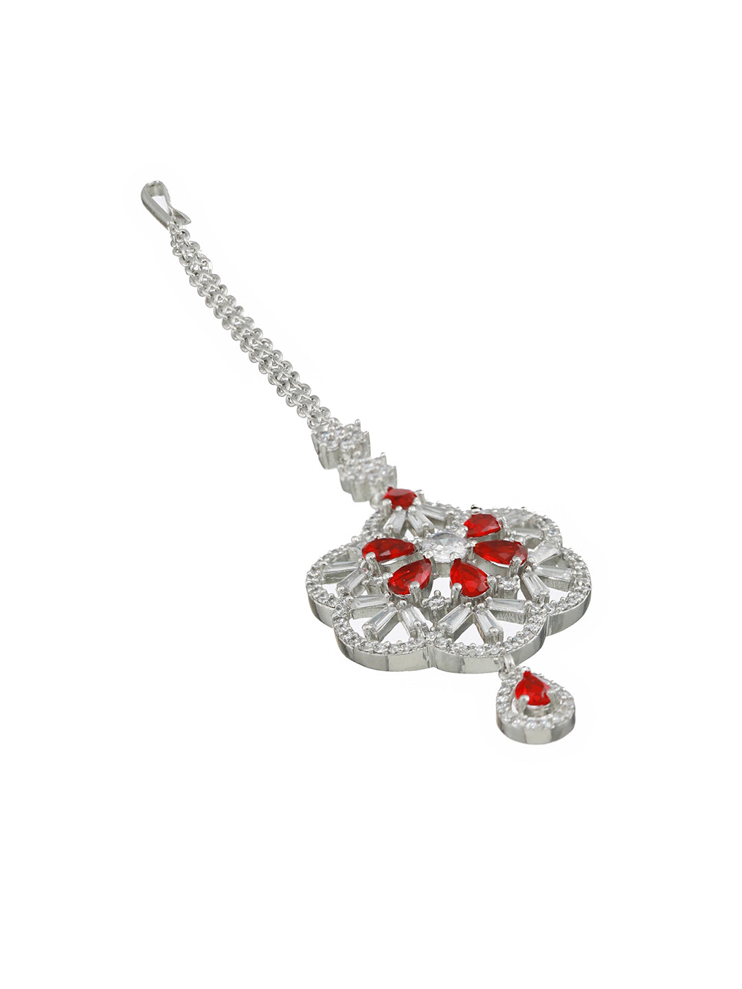 Women Silver-Plated Red & White American Diamond Studded Handcrafted Maang Tikka - Jazzandsizzle