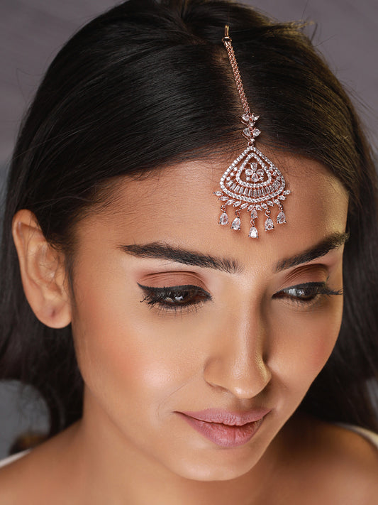 Rose Gold-Plated American Diamond-Studded Handcrafted Maang Tika - Jazzandsizzle