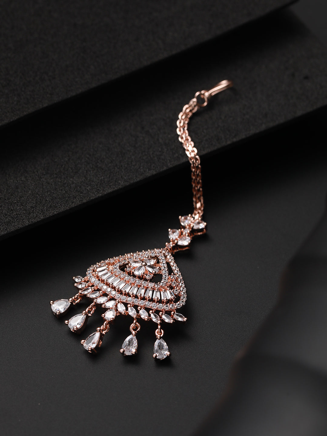 Rose Gold-Plated American Diamond-Studded Handcrafted Maang Tika - Jazzandsizzle