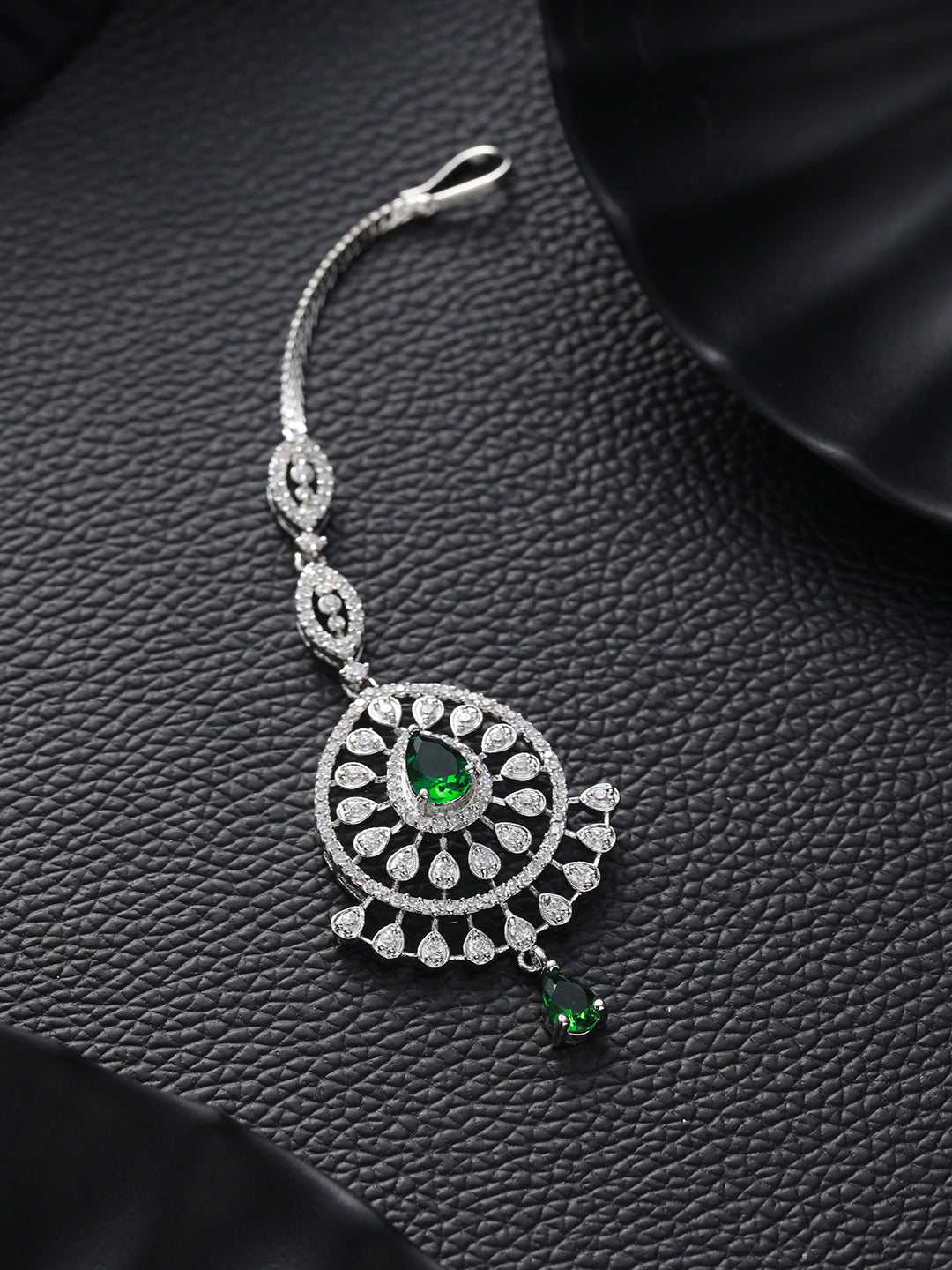 Silver Plated Green & White AD Studded Handcrafted Maang Tika